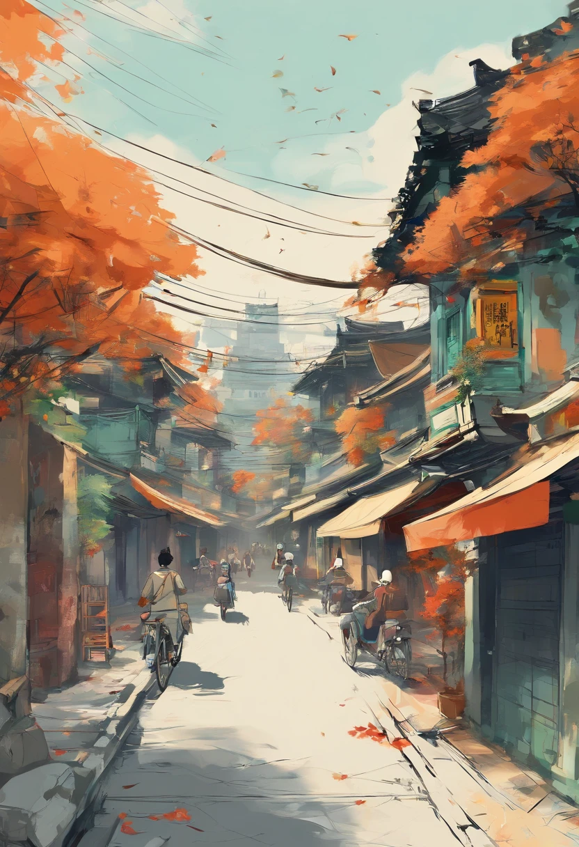 Draw the streets of Hanoi Old Quarter, Traditional houses and small alleys. Banyan trees are planted along the street, Red and green leaves bloom alternately,. The banyan tree is green, yellow, And orange leaves, Add a vibrant touch to your landscape. Hanoi people walking down the street々々And、You can include details such as vintage bikes passing by. Showcase the beauty of Hanoi's Old Quarter in autumn、Create a warm and peaceful autumn landscape.