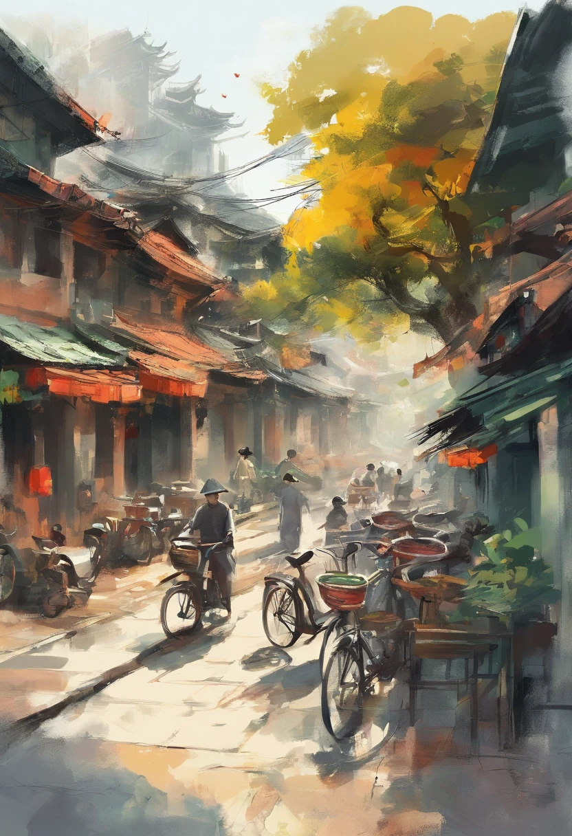 Draw the streets of Hanoi Old Quarter, Traditional houses and small alleys. Banyan trees are planted along the street, Red and green leaves bloom alternately,. The banyan tree is green, yellow, And orange leaves, Add a vibrant touch to your landscape. Hanoi people walking down the street々々And、You can include details such as vintage bikes passing by. Showcase the beauty of Hanoi's Old Quarter in autumn、Create a warm and peaceful autumn landscape.