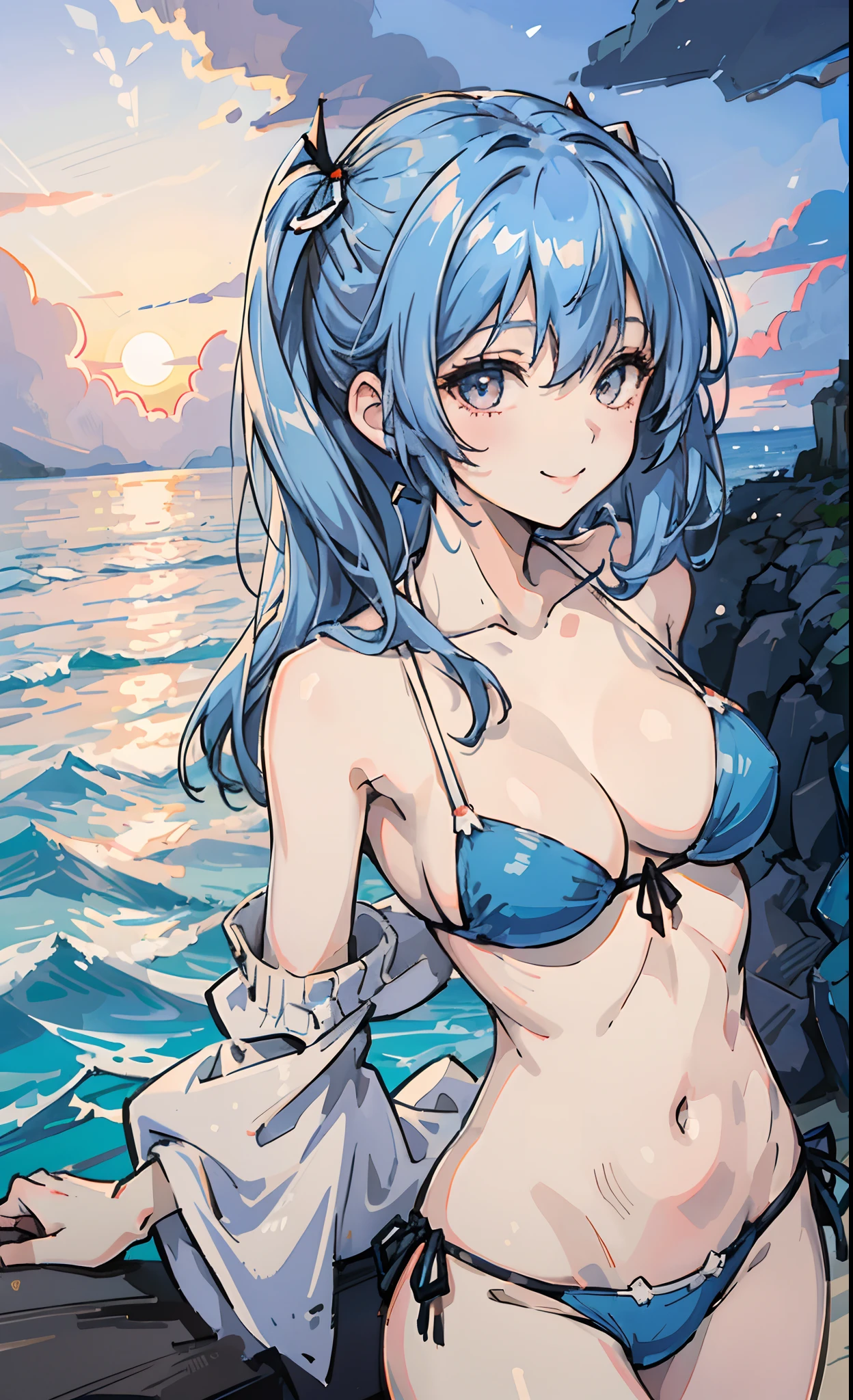 girl with, Ayanami, evangerion,Blue Hair Top Quality, Big Tits Bikini, the beach, kindly smile, Dusk light,
