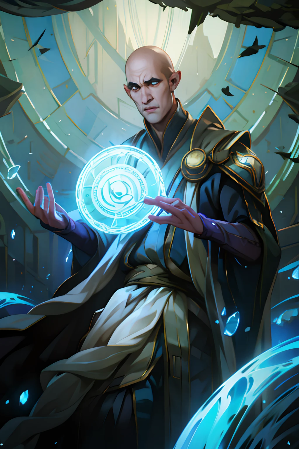 Fantasy, Handsome young man, manly, Thin, beutiful, His face is swarthy, Sunken eyes, azure robes Circles under the eyes appear. The nose is straight, with a slight hump, neat. The lips are thin. Medium-sized ears. Ascetic clothing, Robe or high-collared shirt and trousers. The color of the clothes is dark. His head is shaved bald