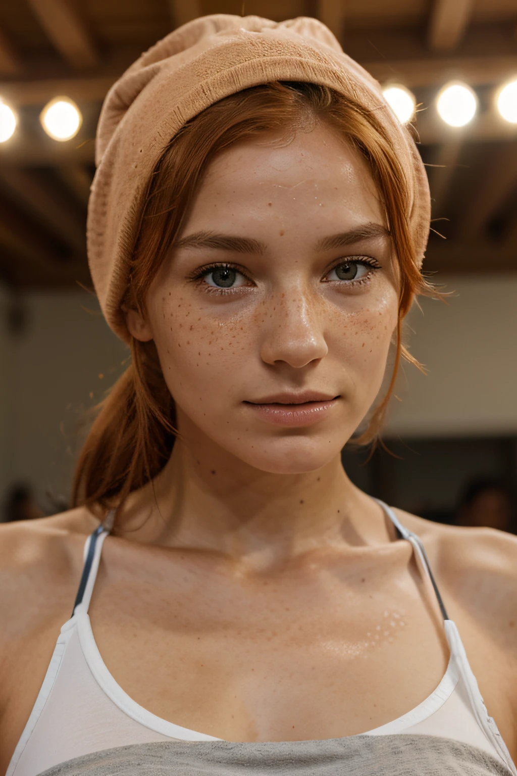 jeune femme rousse, freckle on cheekbones, bonnet B, athletic, cheveux longs