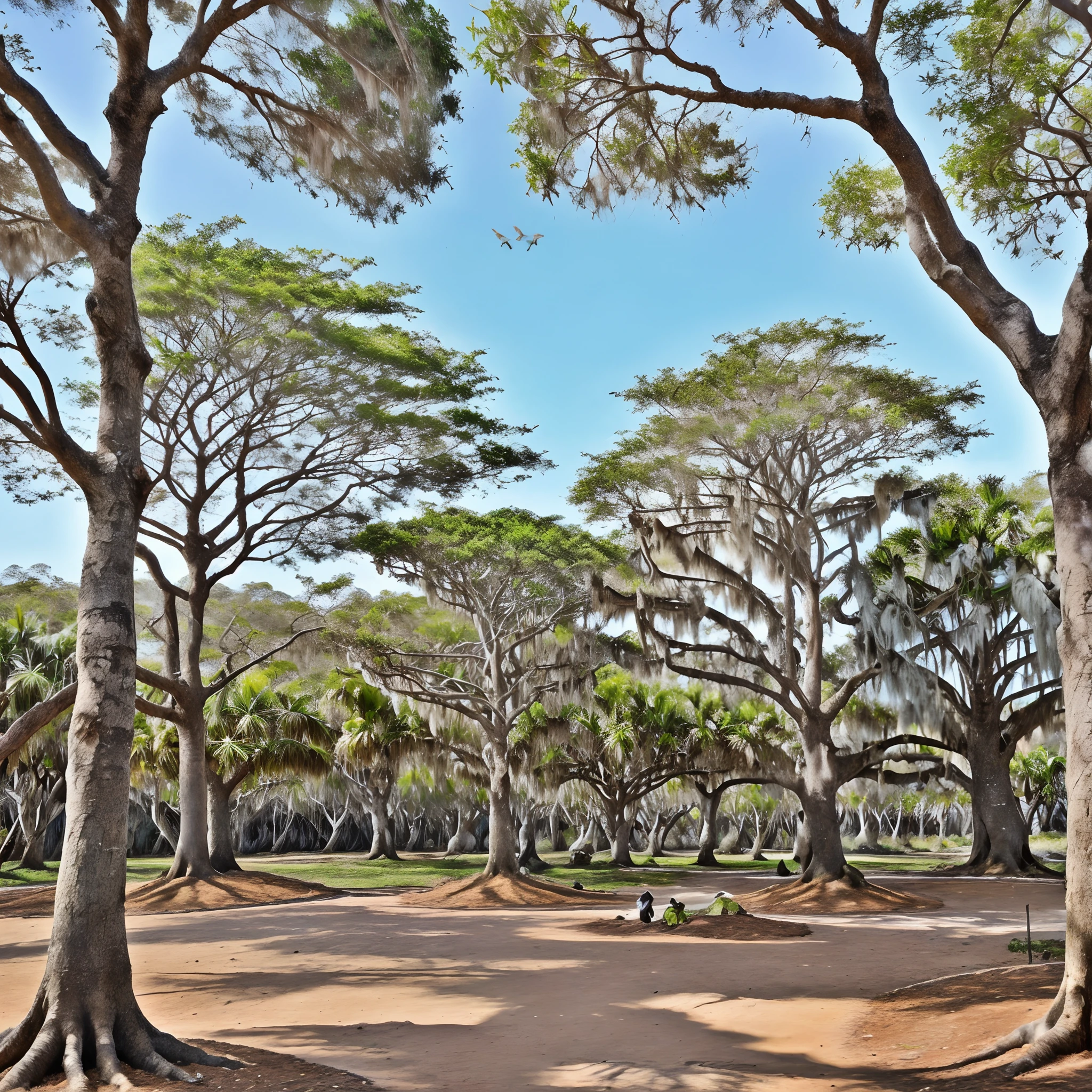 vista gramada com arvores floridas e ceu azul com poucas nuvens e alguns gatos brincando