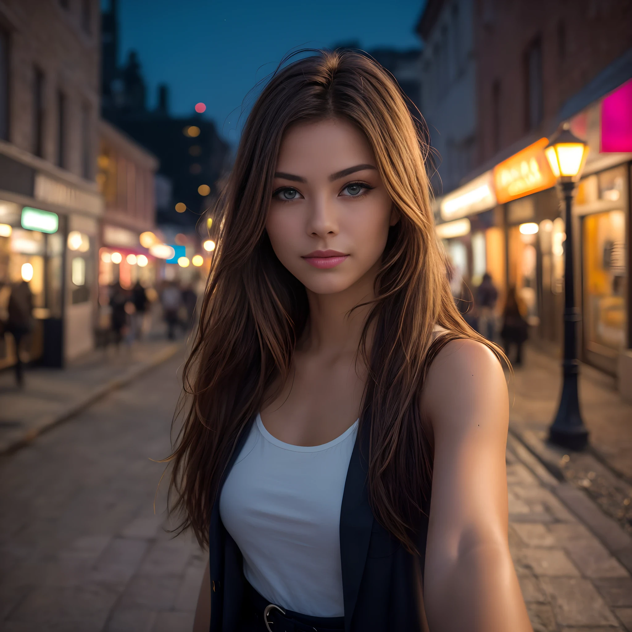 (taking selfies, overhead view: 1.4), (straight half of the torso: 1.4), Portrait photo of a 22-year-old french girl in RAW UHD format (Blue-eyed woman) Walk down the dark alley, night city, Details (textures! , Hair! , glistering, Color!! , imperfections: 1.1), highly detailed glossy eyes (looking at the camera), DSLR Lighting, SLR camera, Ultra-Quality, sharpness, Depth of field, Film grain (Downtown), Fujifilm XT3, Crystal clear, Frame Center, beatiful face, sharp-focus, street lamp, neon lighting, bokeh (dimly lit), night time, (night  sky), detailed skin pores, oilly skin, suntan, Complex eye details