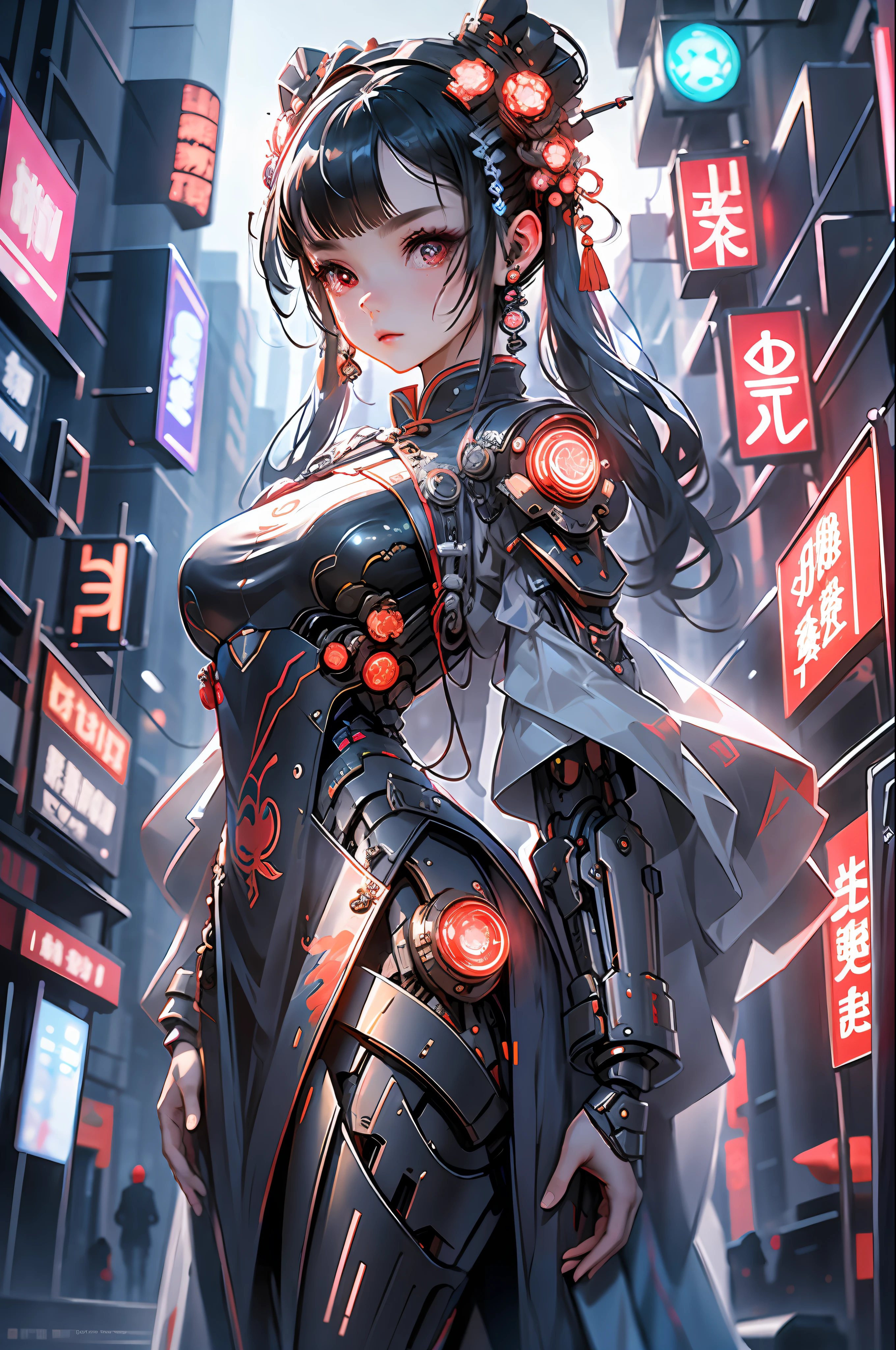 A girl, full body, clear facial features, amazing facial features, beautiful eyes, ancient Chinese costumes, Chinese cyberpunk, cyberpunk city headwear, hair accessories, super complex design, mechanical mecha, technology, stunning lighting, C4D, OC rendering, cinematic edge light, fine light, masterpiece, super detail, epic composition, ultra HD, high quality, 32k