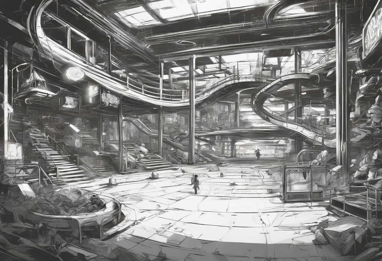 Liminal space in the style of Kentaro Miura, black and white, bleak, Inside of a children play area in the mall, empty, scary, dark, intricate linework