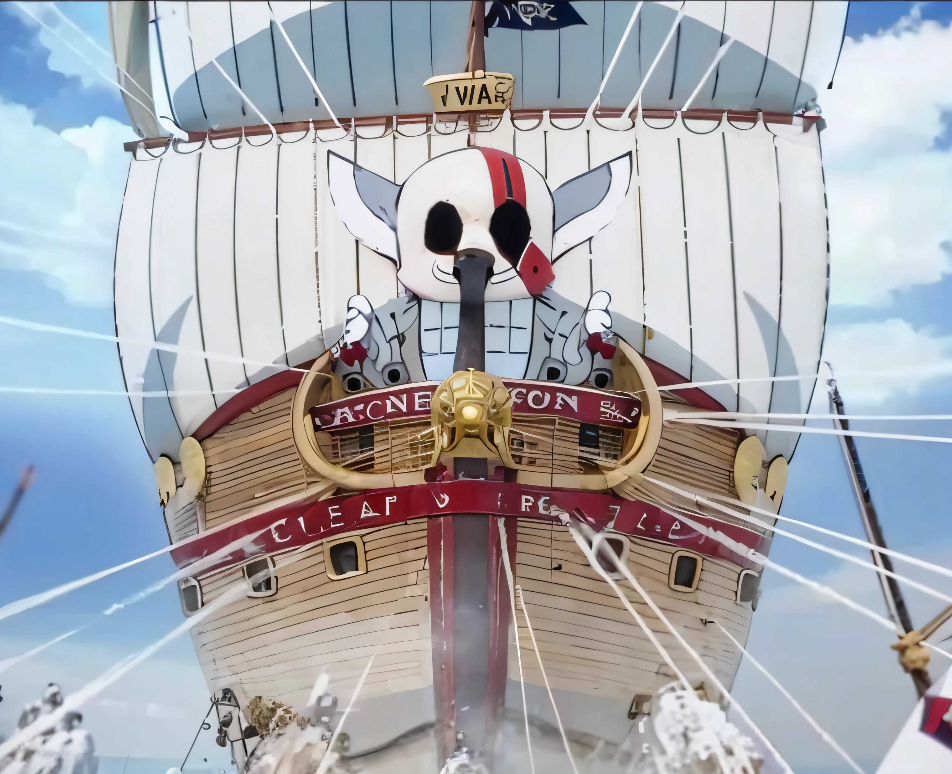 very big wooden ship, brown and red metal hull, golden head, thin vertical striped grass sails, (((realistic)))