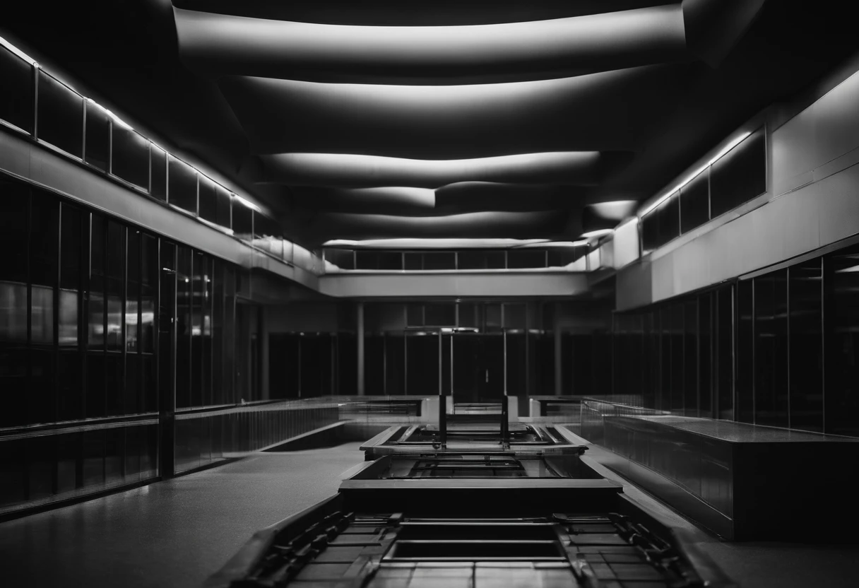 Liminal space in the style of Kentaro Miura, black and white, bleak, Inside of a ren play area in the mall, empty, scary, dark, intricate linework