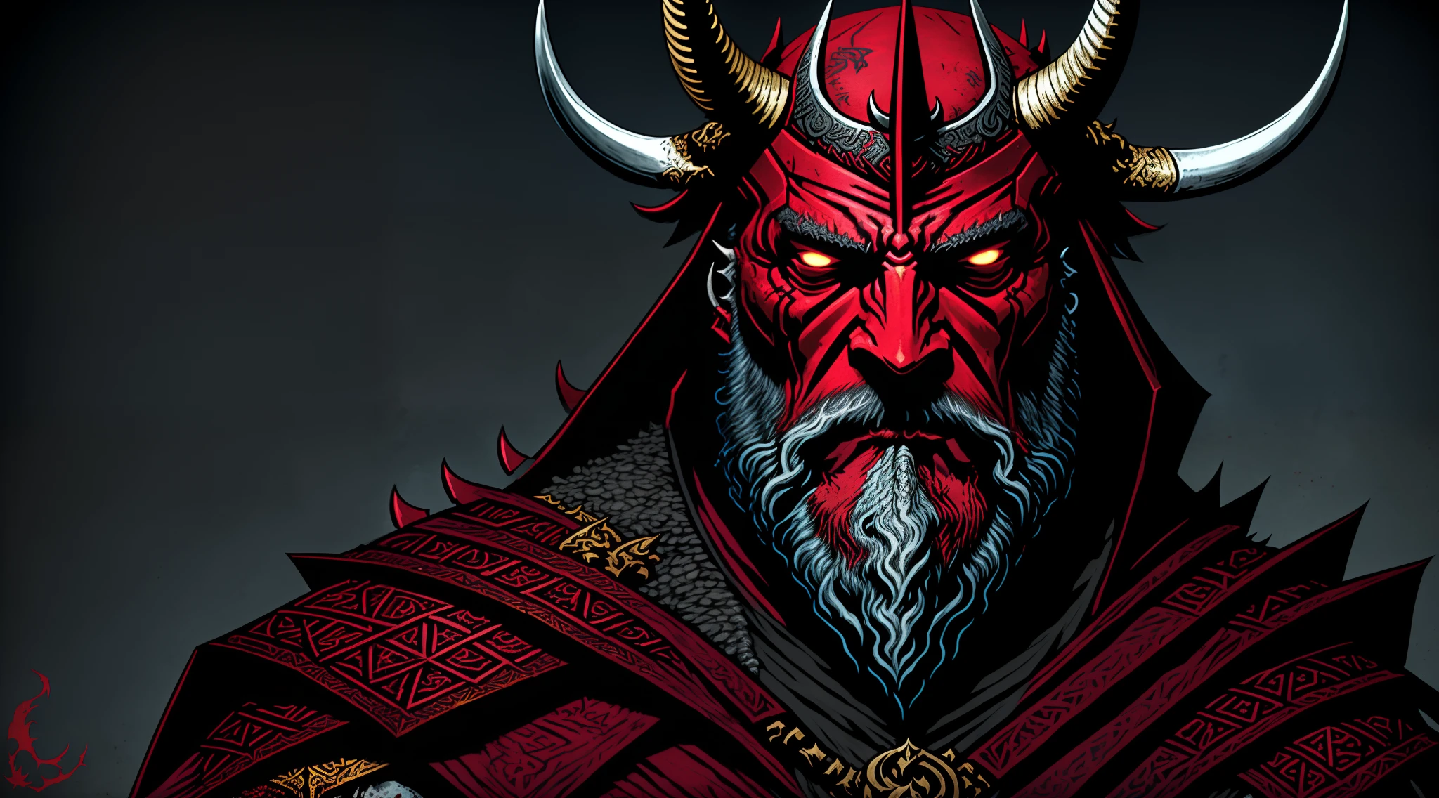 arafed image of a man with a horned head and a red cape, darkest dungeon art style, darkest dungeon, great king of stovokor, painted portrait of rugged odin, medieval old king, epic graphic novel wallpaper, darkest dungeon style, crusader kings 3, epic viking king, 4k detailed digital art, path of exile, wallpaper 4 k, wallpaper 4k