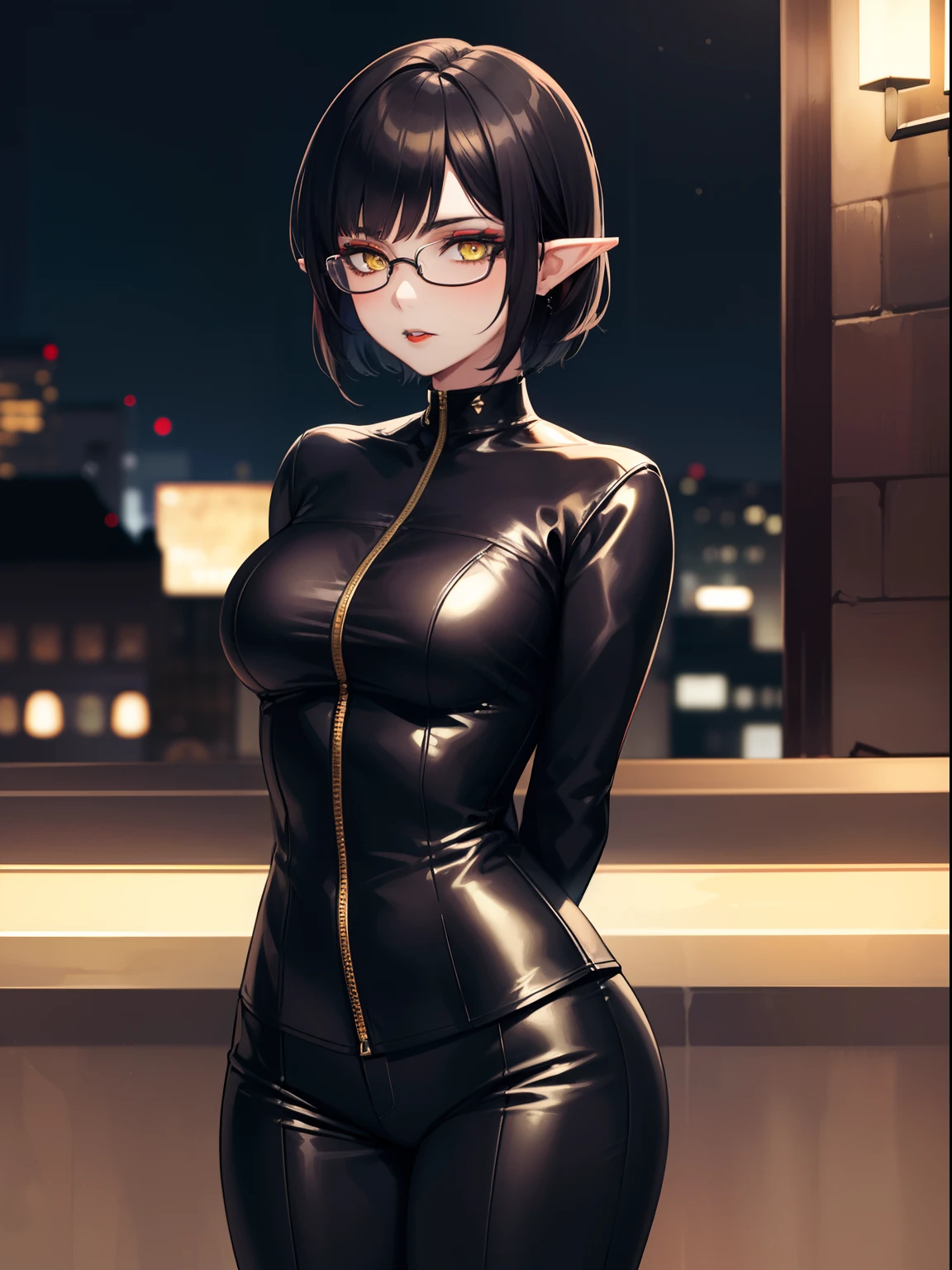 highres, masterpiece, perfect ligthing, bloom, cinematic lighting, adult, perfect skin, female,1girl,solo,black hair,half buzzcut,yellow eyes,pointy ears,makeup, black lipstick ,mature woman, bar,standing,arms behind back,night, glasses, suit,pants,cowboy shot,wind hips,covered nipple,nsfw,crotch_cutout