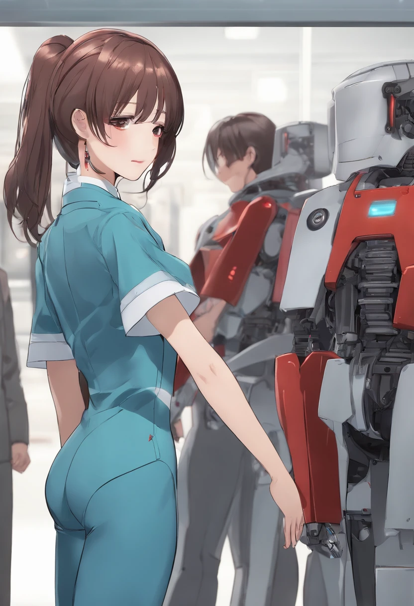 s Office,Female robot,The body of the complete machine,Japan type human face,2d anime,a smile,is standing,full bodyesbian
