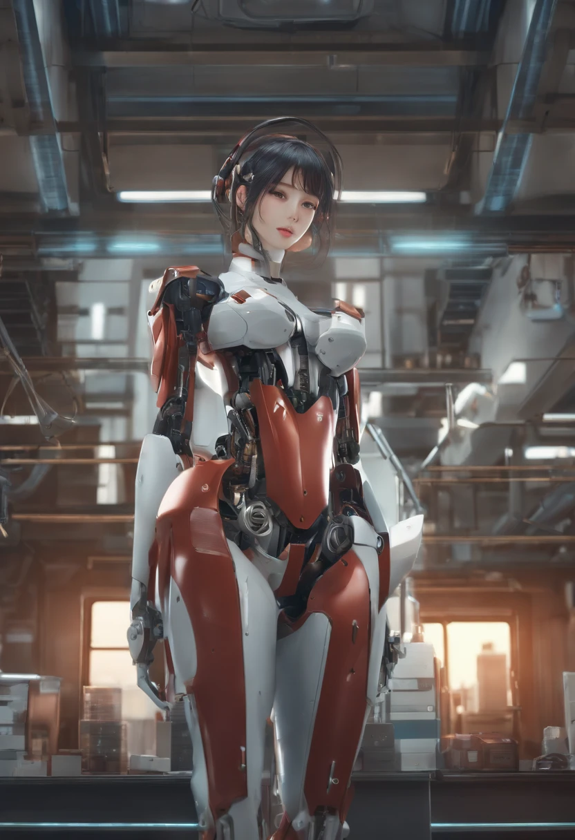 s Office,Female robot,The body of the complete machine,Japan type human face,2d anime,a smile,is standing,full bodyesbian
