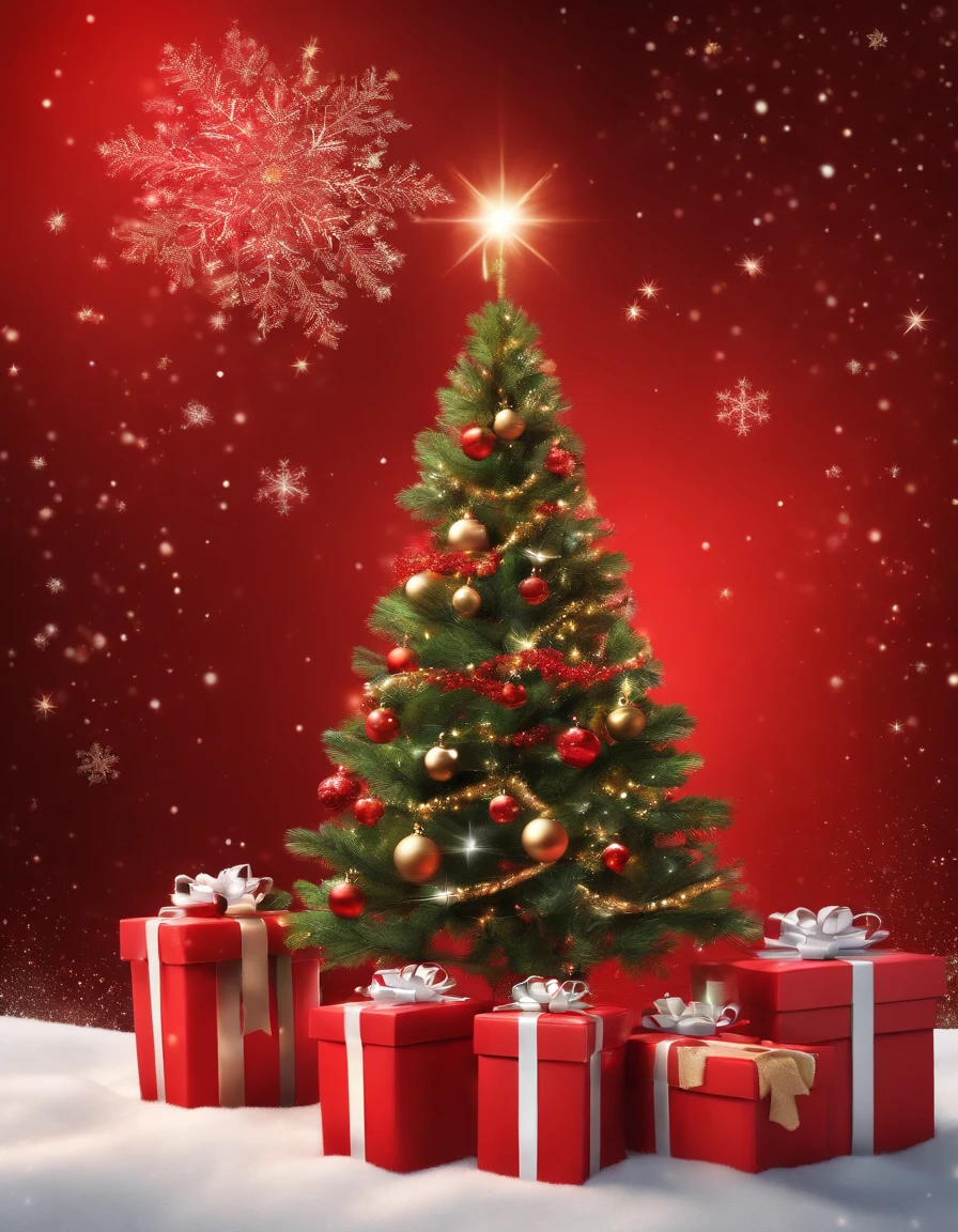 Create an image with a red background featuring a small Christmas tree and presents. The design should include twinkling stars and snowflakes around the tree, evoking an overall warm and joyful atmosphere