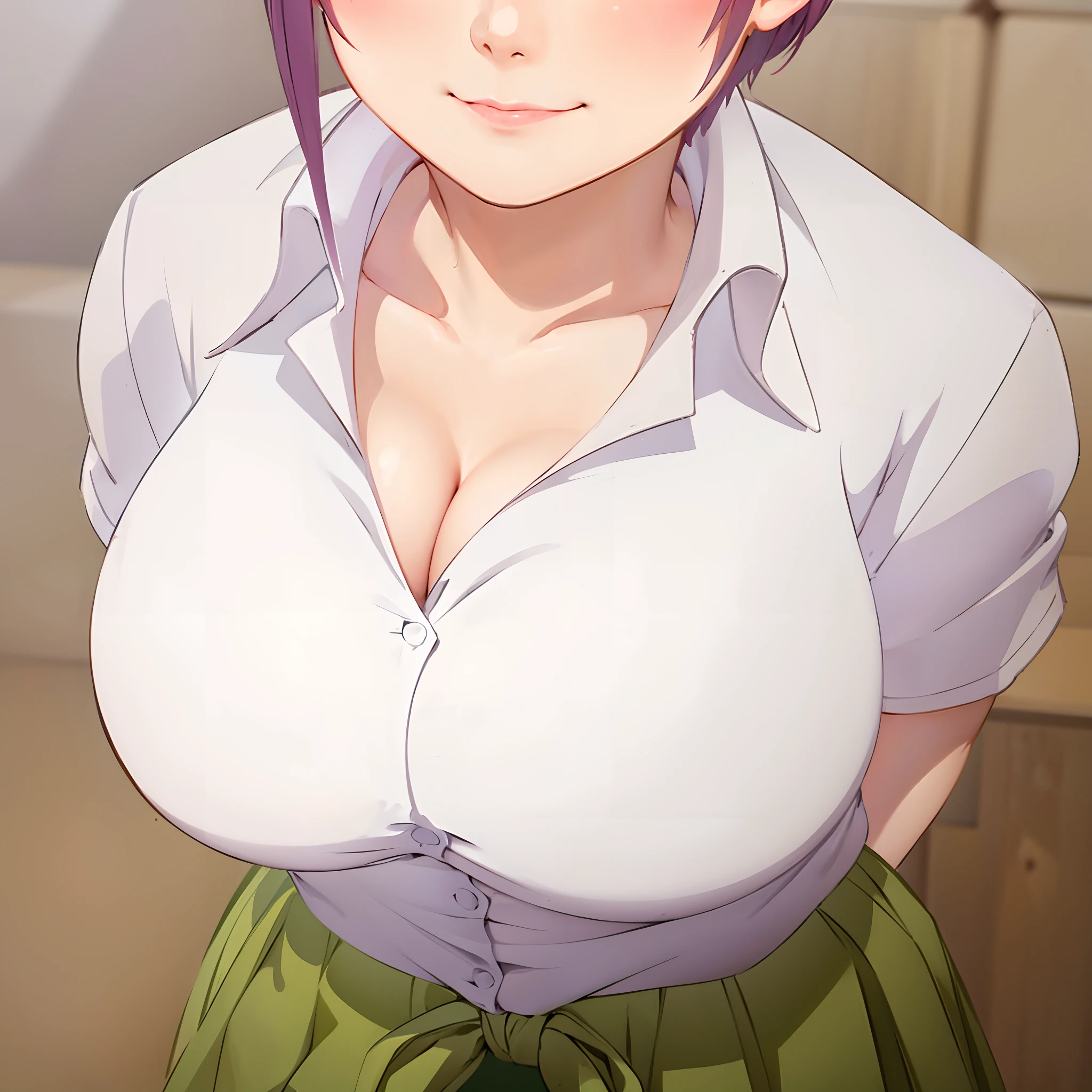 Top quality, high image quality, masterpiece, photo realistic, smile, (((huge breast))), (((hard nipple bumps on blouse)))