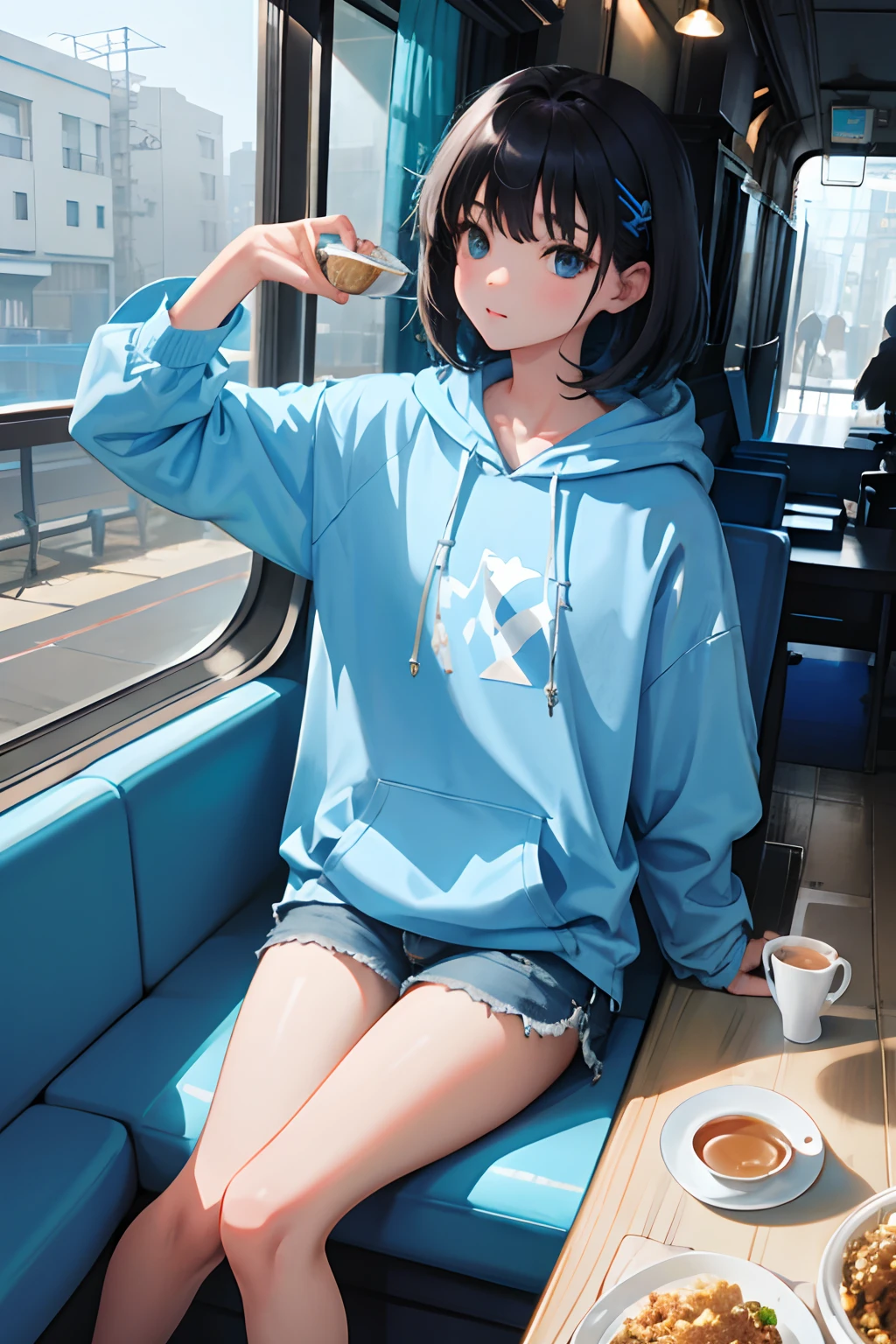 ，（​masterpiece，Highest Quality），Light blue hoodie with short sleeves，A dark-haired，Train，tea shop