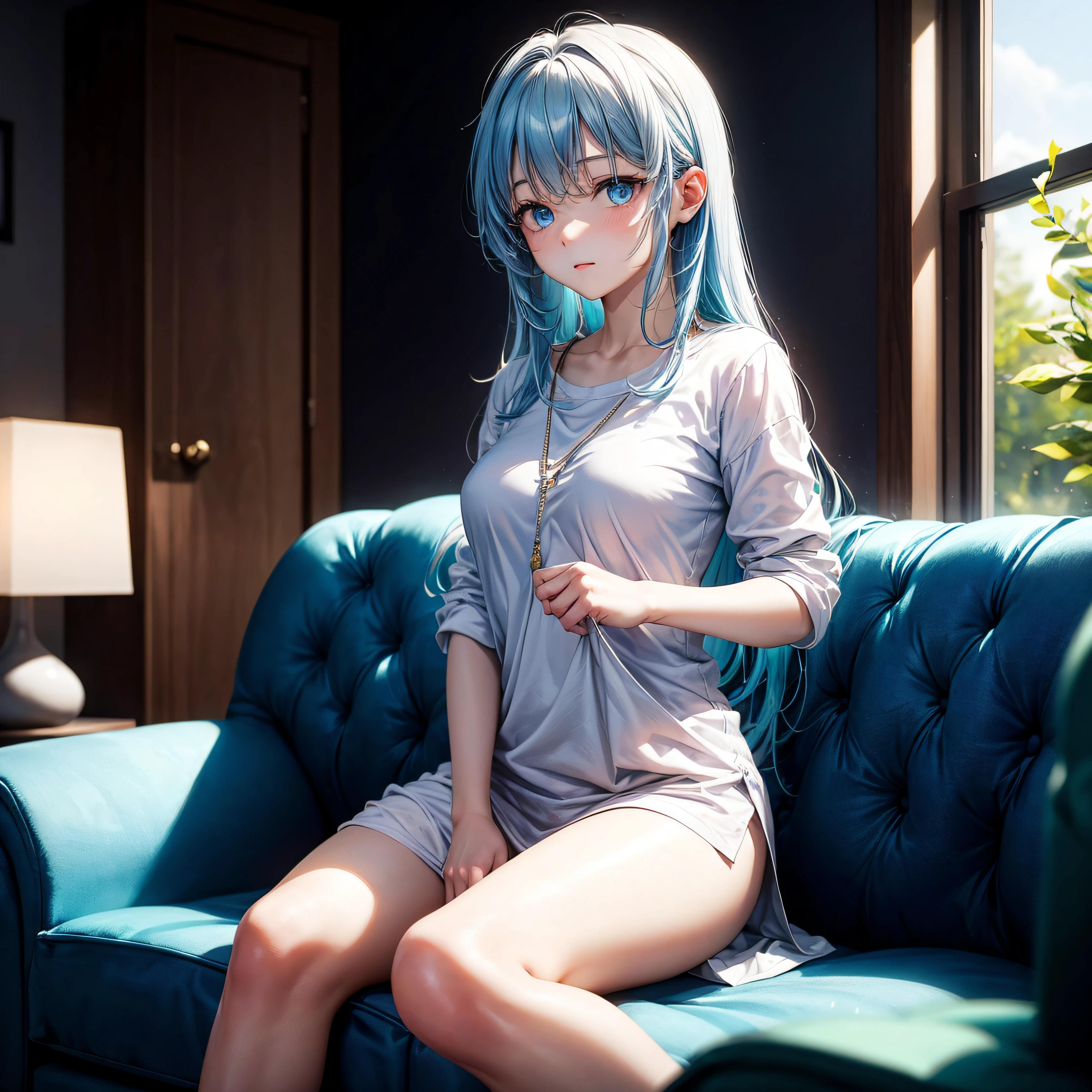 realisitic、top-quality、sit a chair、((One Woman:1.5))、Light blue hair、Very long hair、light bule eyes、inside in room、Medium chest、Blue Zip Up Hoodie、Black jeans、Zipper open、barechested