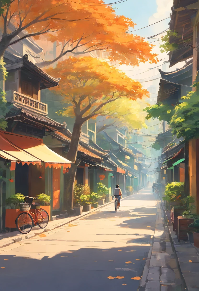 Draw the streets of Hanoi's Old Quarter, Traditional houses and small alleys. Banyan trees are planted along the street, alternating red and green leaves,. The banyan tree is green, yellow, And orange leaves, Add a vibrant touch to your landscape. Hanoi people walking down the street々and、You can include details such as vintage bikes passing by. Showcase the beauty of Hanoi's Old Quarter in autumn、Create a warm and peaceful autumn scene.