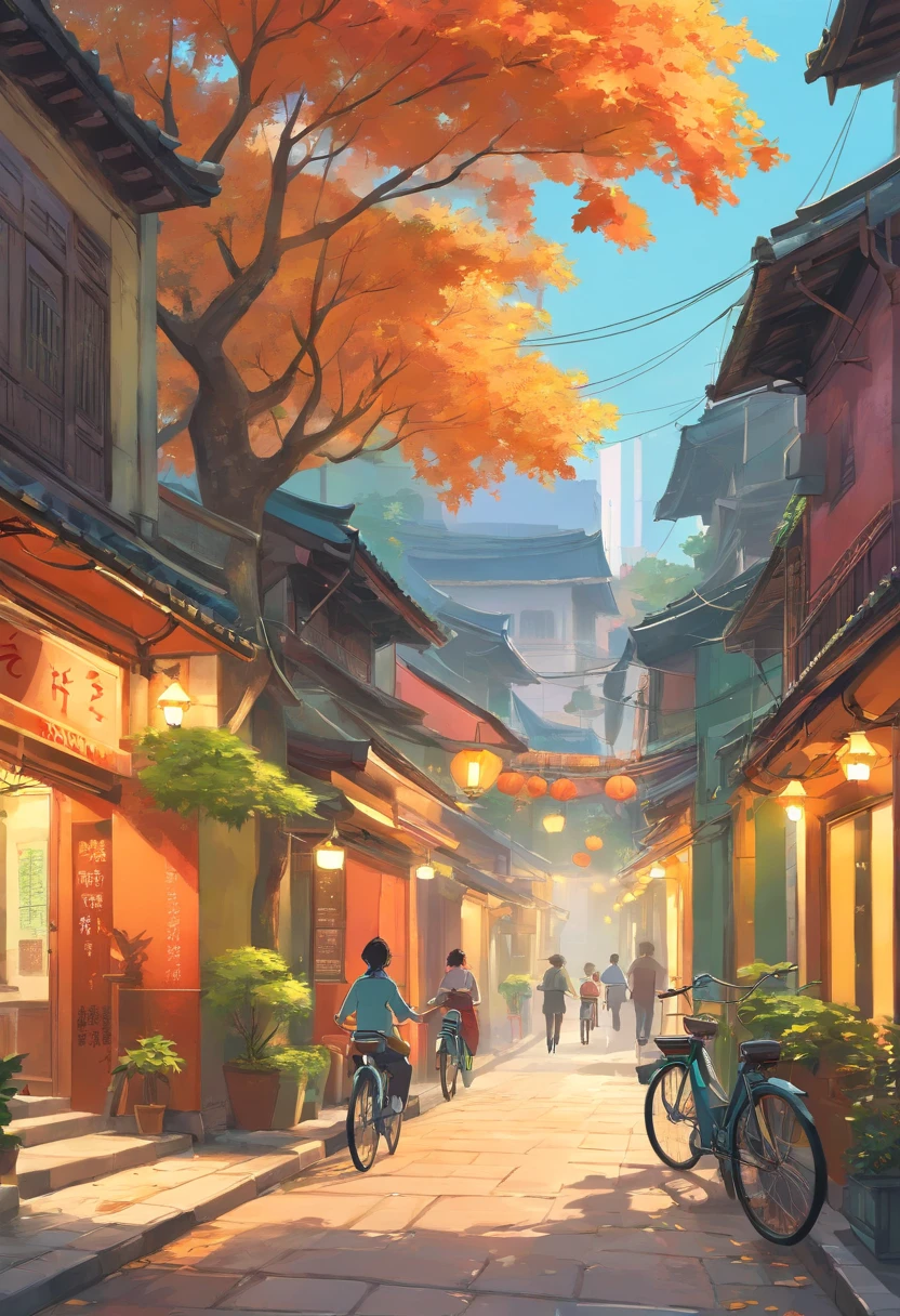 Draw the streets of Hanoi's Old Quarter, Traditional houses and small alleys. Banyan trees are planted along the street, alternating red and green leaves,. The banyan tree is green, yellow, And orange leaves, Add a vibrant touch to your landscape. Hanoi people walking down the street々and、You can include details such as vintage bikes passing by. Showcase the beauty of Hanoi's Old Quarter in autumn、Create a warm and peaceful autumn scene.