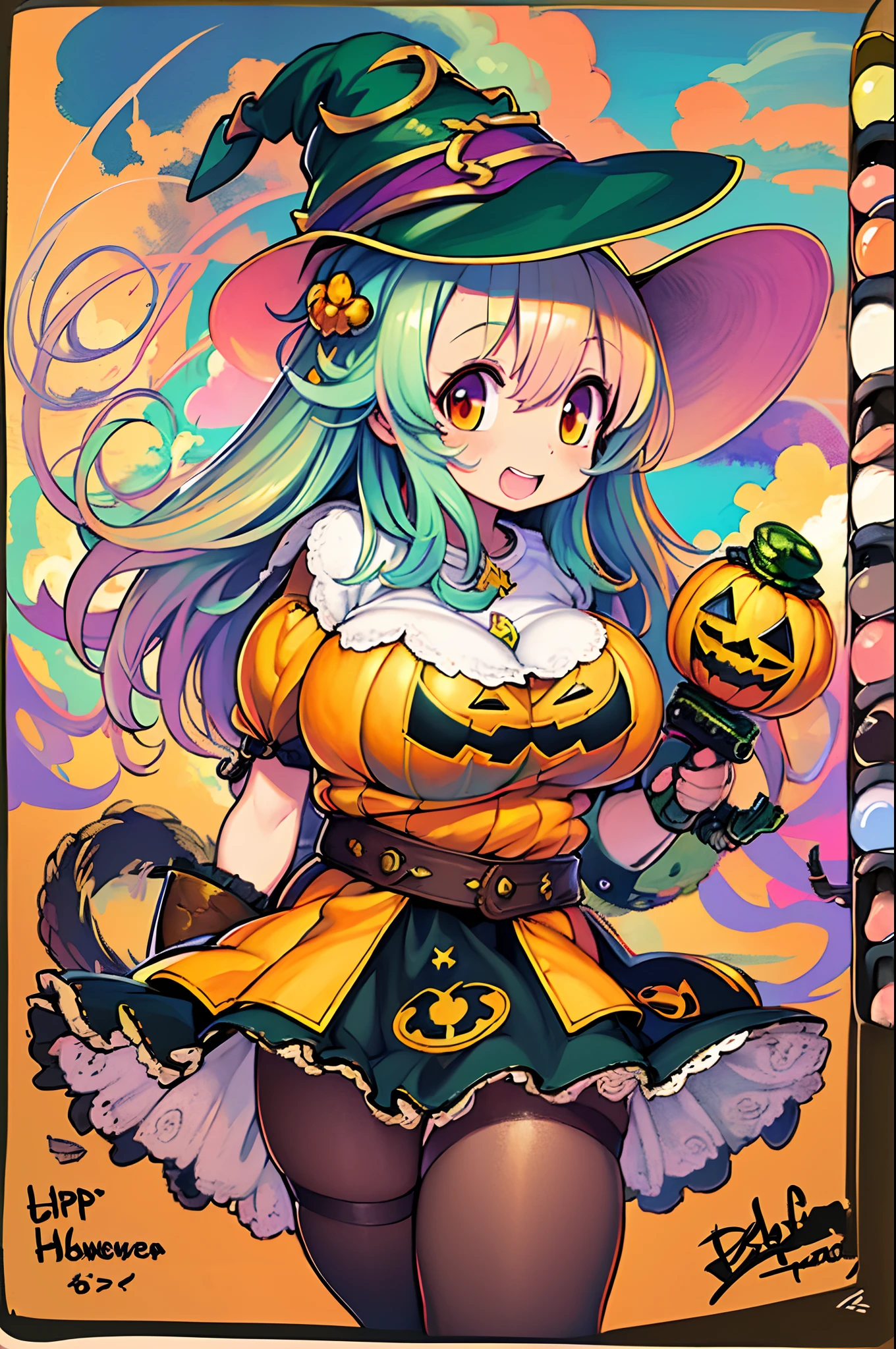 Charming Halloween witch, Cartoon style, 2D, planar vector, Character Design, T-shirt design, Colorful splashes, Vector art, Fantasy Art, Watercolor effect,Digital Painting, white bg, 8K