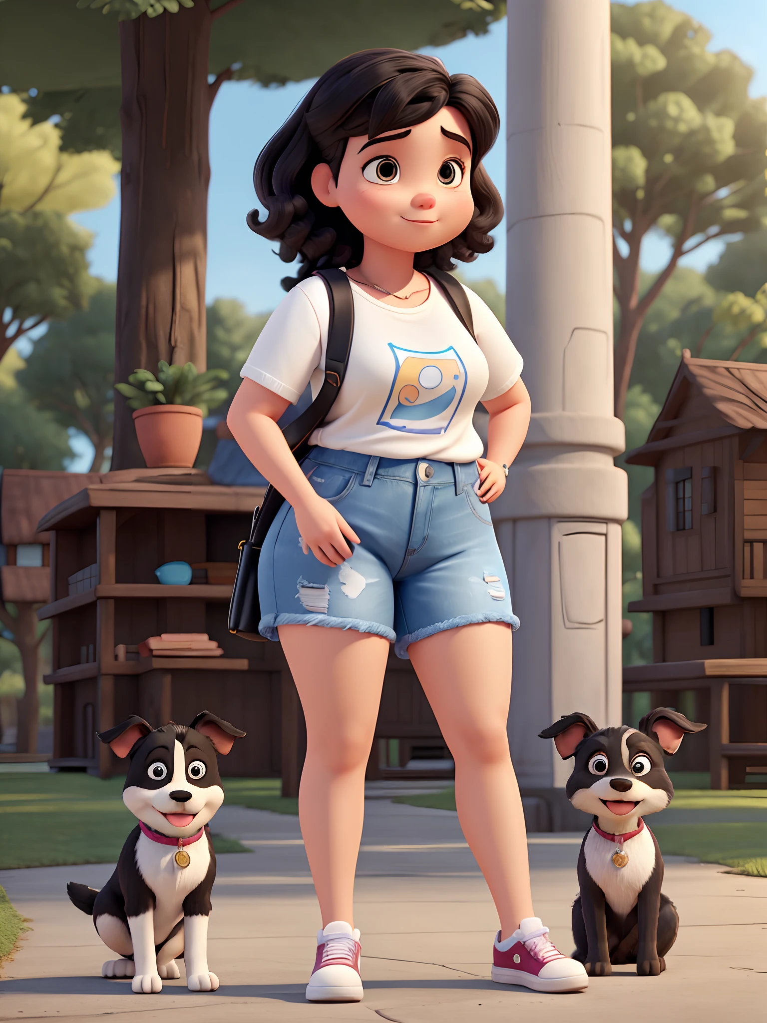 A Disney Pixar style woman, chubby , medium hair, black and straight, wears denim shorts and a printed blouse, holds a cell phone, wears white sneakers and white and black dog, inside the park
