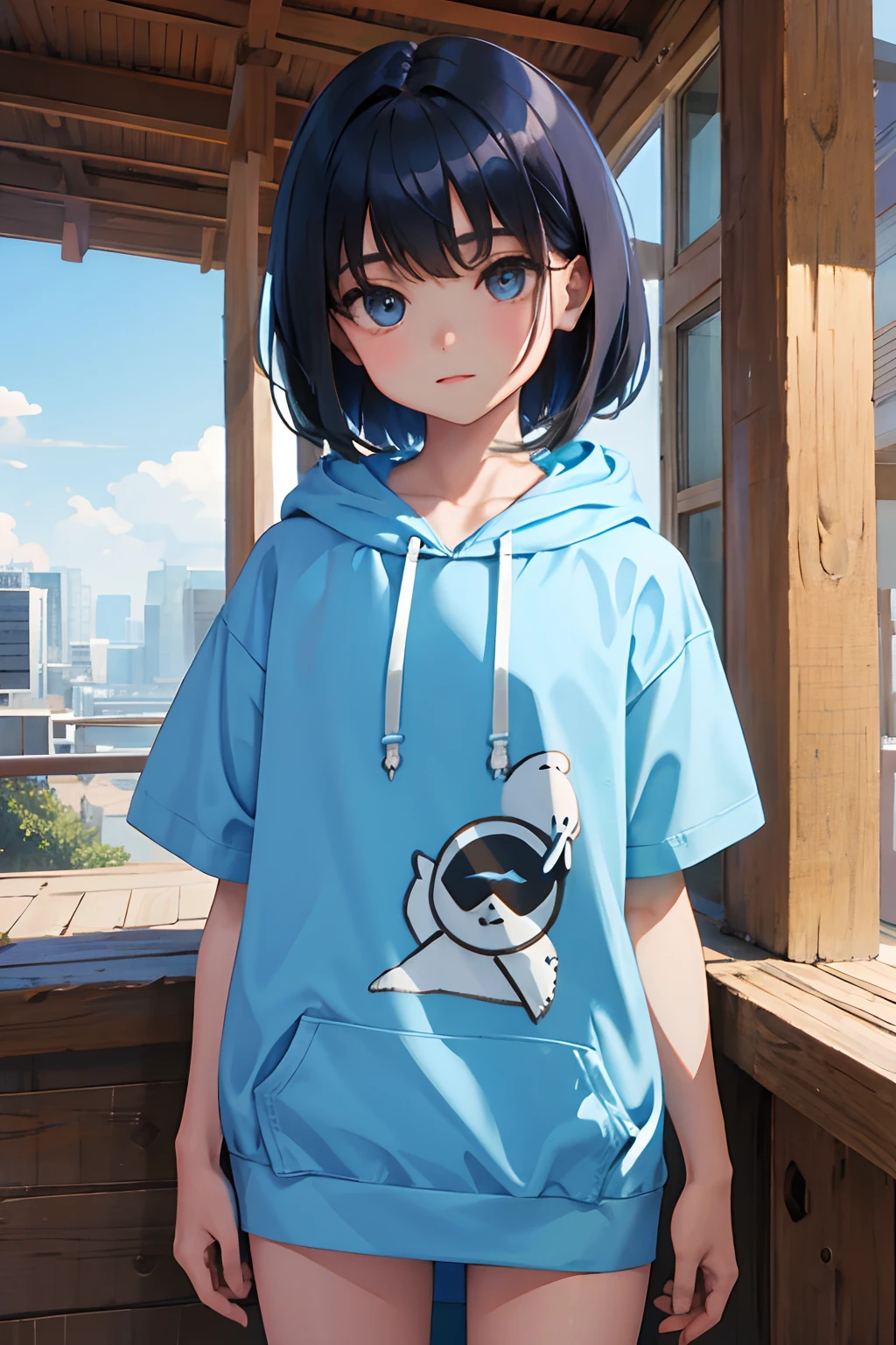 ,(masterpiece,Highest Quality),Light blue hoodie with short sleeves,A dark-haired,western building