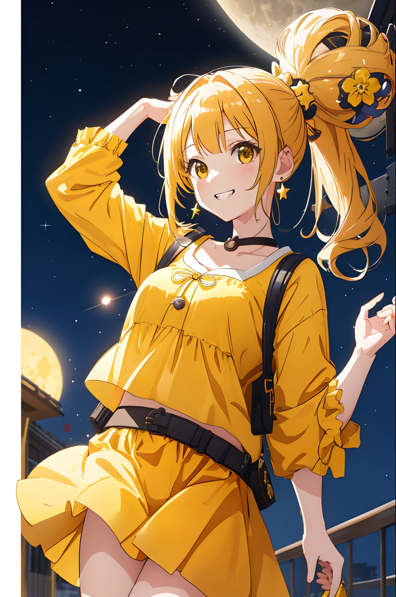 (Best Quality, masutepiece, hight resolution),1girl in,Solo,Adorable_girl,earrings,hair clips,grin,flower,Yellow clothes,nighttime scene,Blurry background,a moon、starrysky