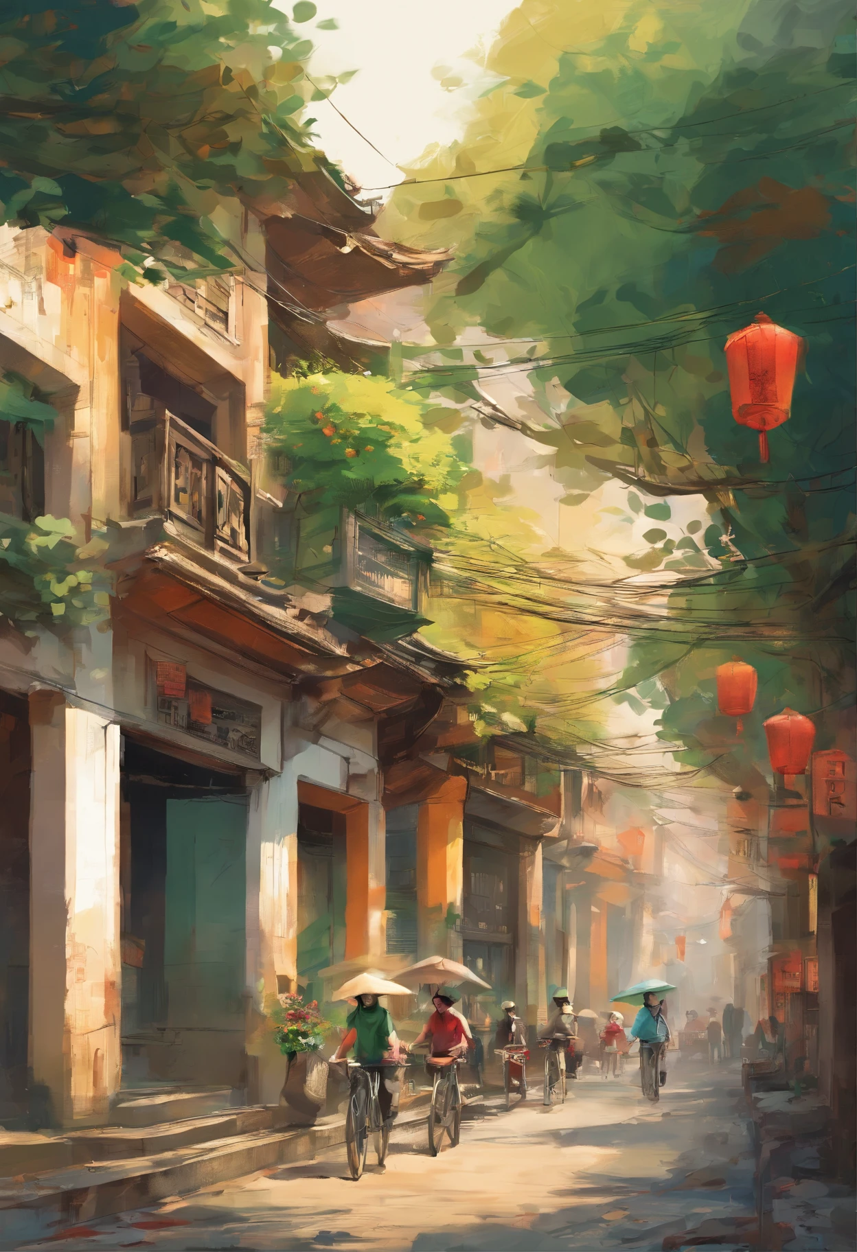 Draw the streets of Hanoi Old Quarter, Traditional houses and small alleys. Banyan trees are planted along the street, Red and green leaves bloom alternately,. The banyan tree is green, yellow, And orange leaves, Add a vibrant touch to your landscape. Hanoi people walking down the street々々And、You can include details such as vintage bikes passing by. Showcase the beauty of Hanoi's Old Quarter in autumn、Create a warm and peaceful autumn landscape.