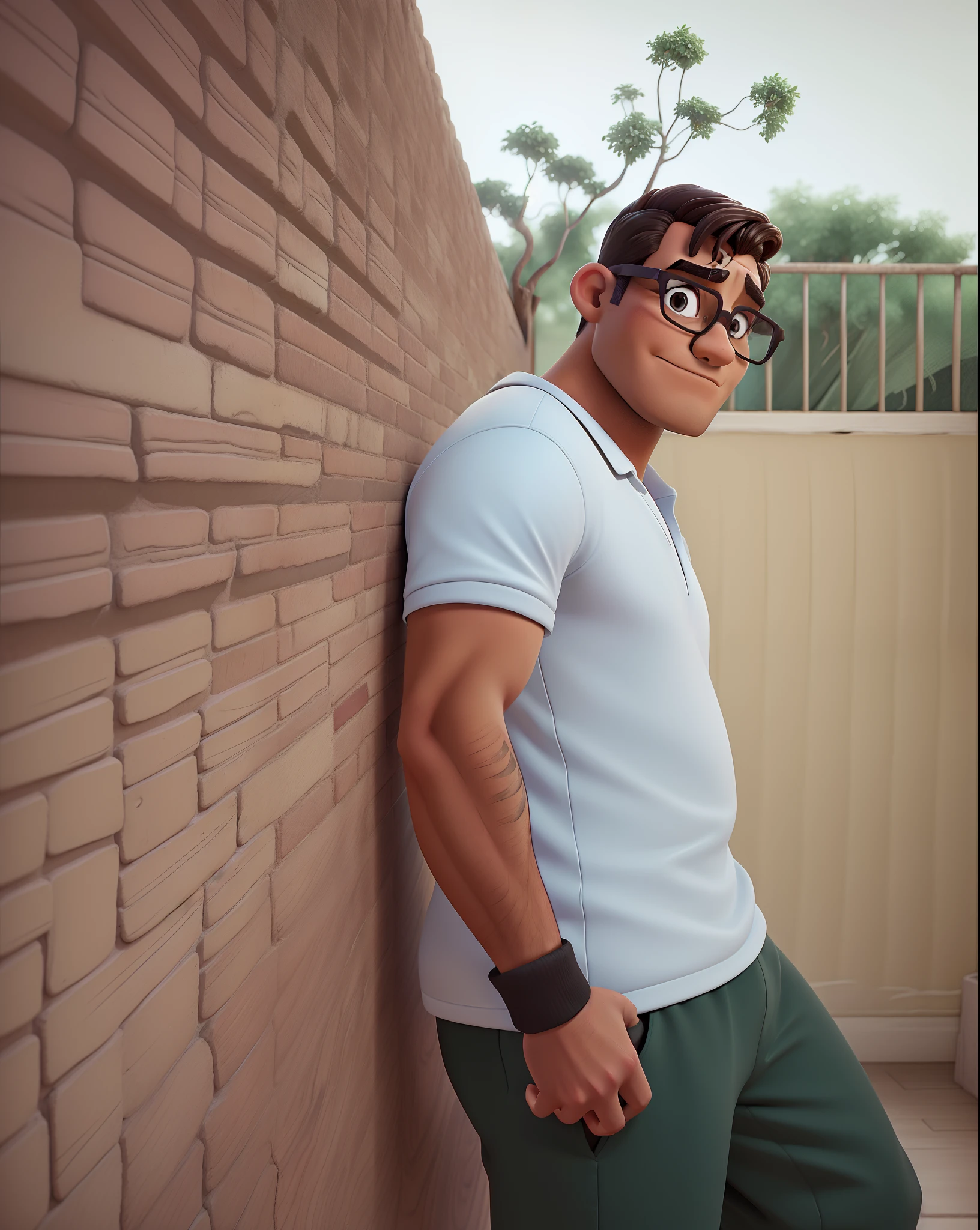 Personagem visual,hand-drawn and hand-painted comic book,animification,cinematografic,Smooth aesthetics with room for contrasts,utilizar a cor preta de forma reservada, Brunette man wearing glasses, escorado na parede.