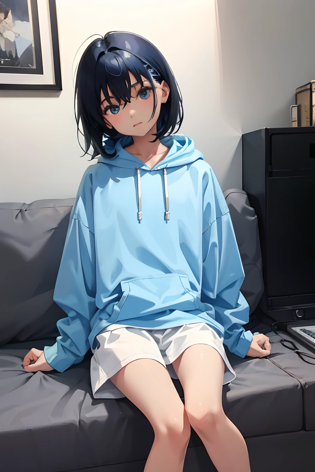 ,(masterpiece,Highest Quality),Light blue hoodie with short sleeves,A dark-haired,western building