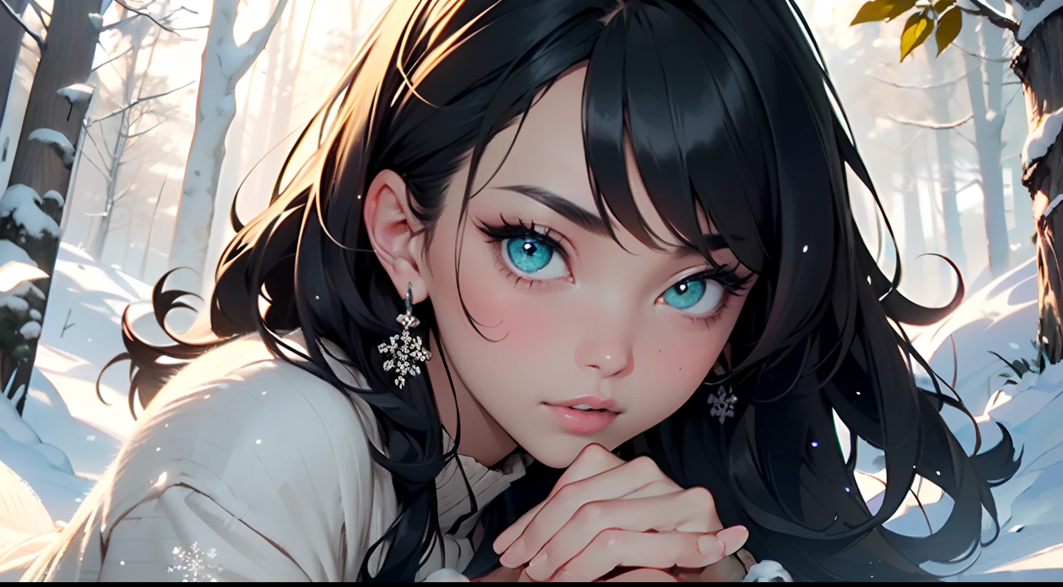 woman,1female,((milf,mom,mature,mature woman,45 years old female,adult)),((Tree Spirit,Nymph,myth)),

(large breasts:1.5),saggy breasts,(((black hair:1.4,straight hair,long hair:1.4,colored inner hair))),((green eyes,beautiful detailed eyes,half open eyes,bright eyes,perfect eyes,rainbow glows ultra-detailed deep yellow green eyes:1.1,gradient eyes:1,finely detailed beautiful eyes:1,symmetrical eyes:1,big highlight on eyes:1.2)),((((lustrous skin:1.5,bright skin: 1.5,skin tanned,shiny skin,very shiny skin,shiny body,Reflective skin)))),(spider lower abdomen,narrow waist,wide hip,bimbo body,inflated legs,delicate detailed fingers),((hand consists of a short thumb and four fingers,hand with just five fingers,(detailed face))),

(cute,slutty,sensual,seductive look,seductive,((erotic)),opulent,sumptuous,longingly,(((nsfw)))),

(((Leaf clothes,Leaves of the head))),(((detailed leaf outfit,detailed leaf clothes))), naked,

(dynamic pose:1.0),solo focus,embarrassed,centered,scale to fit dimensions,Rule of thirds,

twilight,sea beach Background,winter,snowstorm in background,(pine forest),detailed background:1.25,snow covered,lots of snow, snow,snow forest background,(((Glowing Snowflakes,Glittering Details))),Giant trees,Branch corridor,World Tree,In the deep forest,,

(best quality),(high resolution),(sharp focus),(ultra detailed),(extremely detailed),(extremely high quality artwork),8k_wallpaper,(extremely detailed CG 8k),(very fine 8K CG),((hyper super ultra detailed perfect piece)),flawless,(((masterpiece))),illustration,vibrant colors,(intricate),High contrast,Selective lighting,Double exposure,HDR (High Dynamic Range),Post-processing,Background blur,
