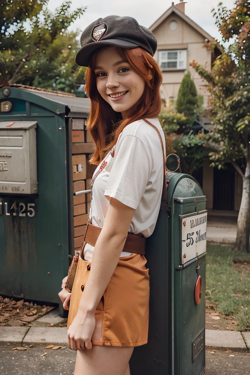 25-year-old woman, redhead, with freckles, sexy postman costume, with a postman's cap on her head, next to a mailbox, sideways, smiling at the camera