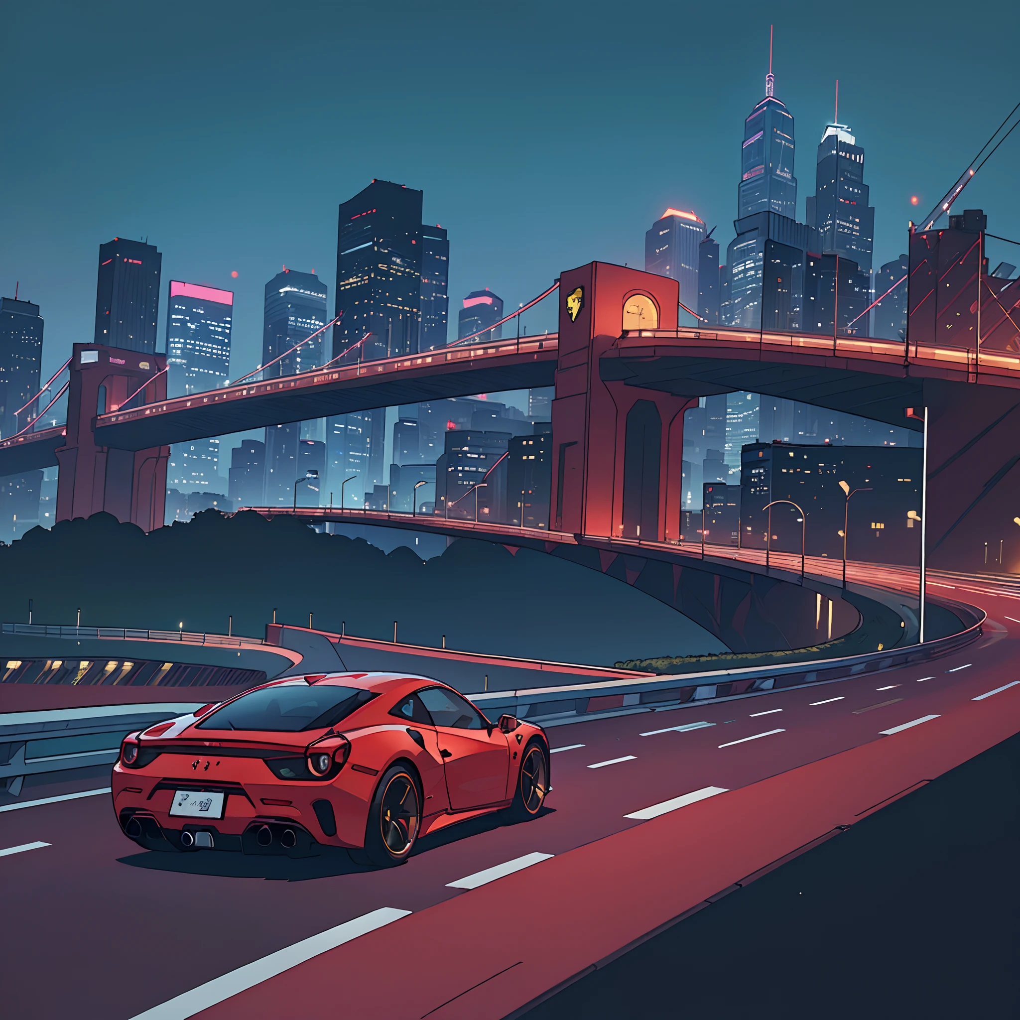 (Best quality, 8k, Masterpiece :1.2), hyper realistic, cyberpunk, at a mountain, an detailed red Ferrari 488, Speeding on the highway, (Facing the audience), The blue skyscraper in the background, at night,