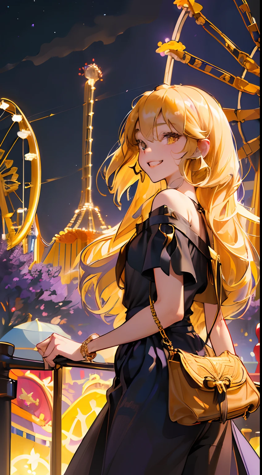 highres, ultra detailed, 1girl, solo, extremely detailed eyes, (Gold colored hair:1.5) ,long hair, (straight waist-length gold colored hair:1.5) ,(Anti-flash white-colored eyes:1.5) , ulzzang , she is wearing a ((Heliotrope colored Short Sleeve Oversized :1.5)) , she wearing a (( Rich Black colored Womens Casual Wide Leg :1.5)) ,((Dark Indigo colored Casual Shoulder Handbag:1.5)) , focusing on the face , ( amusement park at night background:1.5) ,(( crowd)) ,look at viewer ,laugh , excited emotion , cute pose , view from the back , close up view , cowboy shot