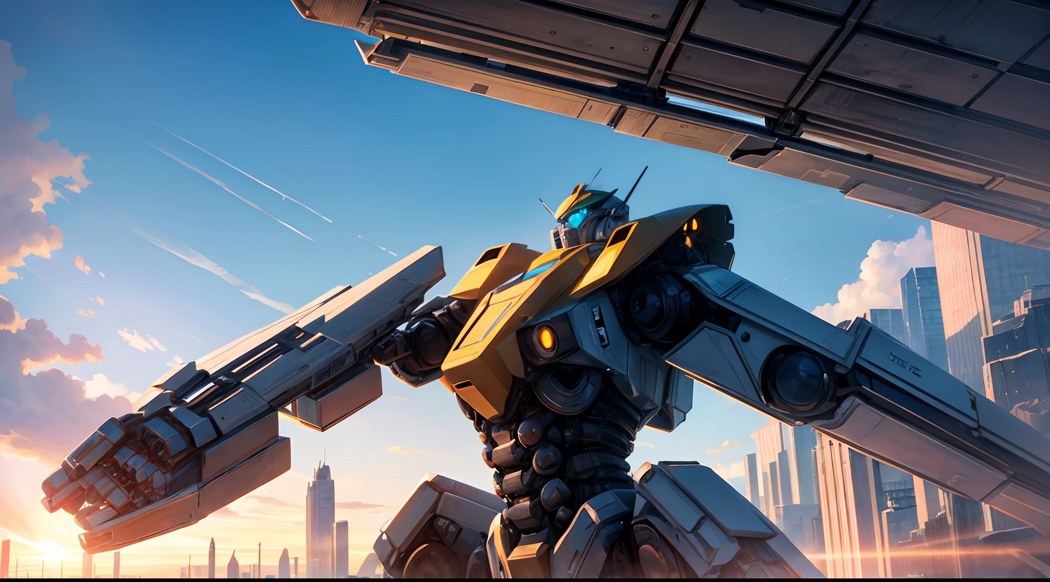 Looking out the window of a flying car,Giant robots stand like guardians on the edge of the city。Its body is cast from a sturdy alloy,The entire robot exudes an aura of majesty and power。It looked up at the infinite universe,It's as if you're looking for an unknown mystery。 8K, high definition resolution