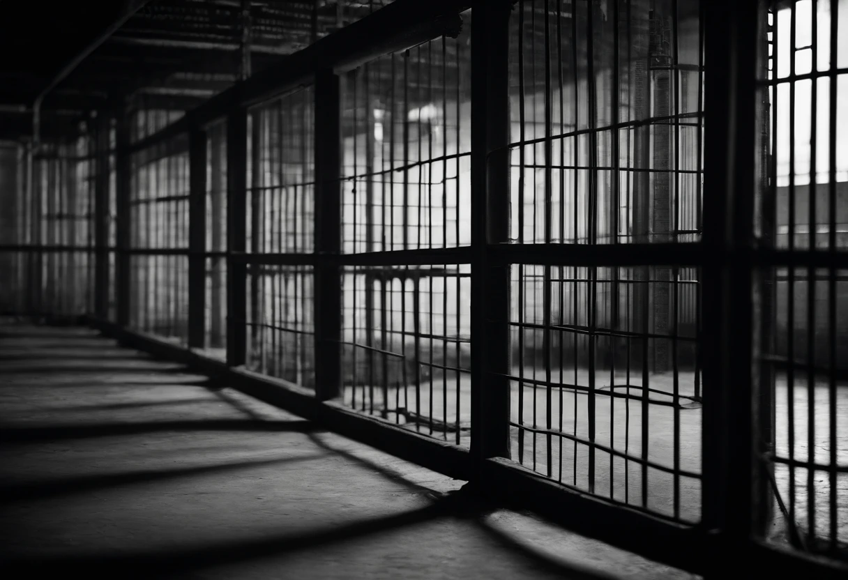 Liminal space, prison area, empty, scary, dark, intricate linework