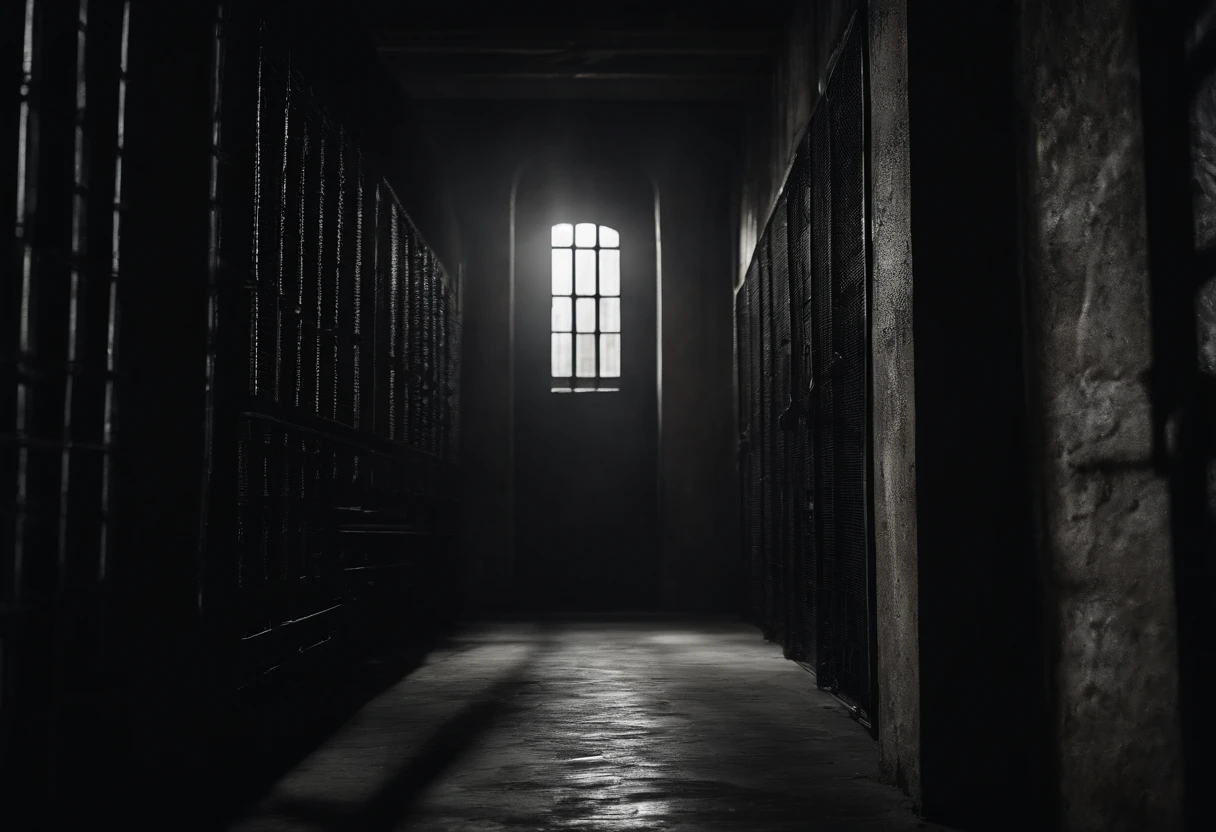 Liminal space, prison area, empty, scary, dark, intricate linework