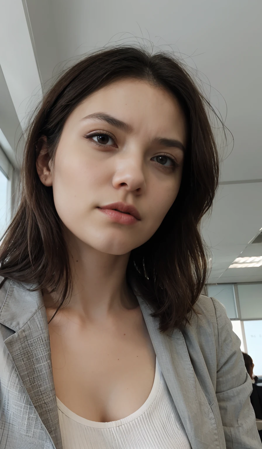 masterpiece,best quality, (1 milf), ((close up:0.5, tilt:0)), ((cross arms)), glare, gray blazer, white shirt, double eyelid, eyelash, lip gloss, (angry:1, ), ((close eyes:0.85)), ((Looking at Viewer)), RAW, (from below:1), ((nobody)), office, (angry look on face)