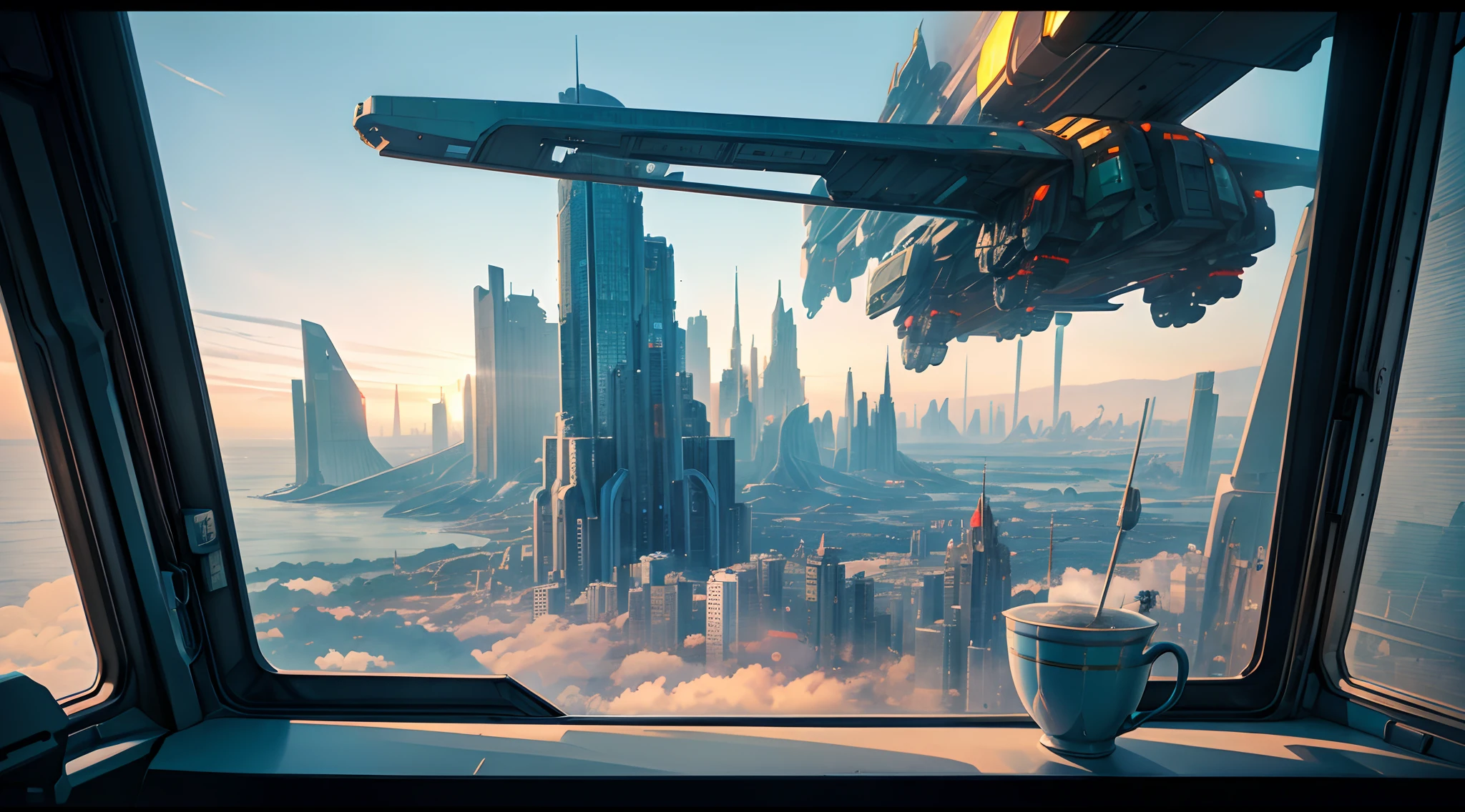 Looking out the window of a flying car，Giant robots stand like guardians on the edge of the city。Its body is cast from a sturdy alloy，The entire robot exudes an aura of majesty and power。It looked up at the infinite universe，It's as if you're looking for an unknown mystery。 8K, high definition resolution