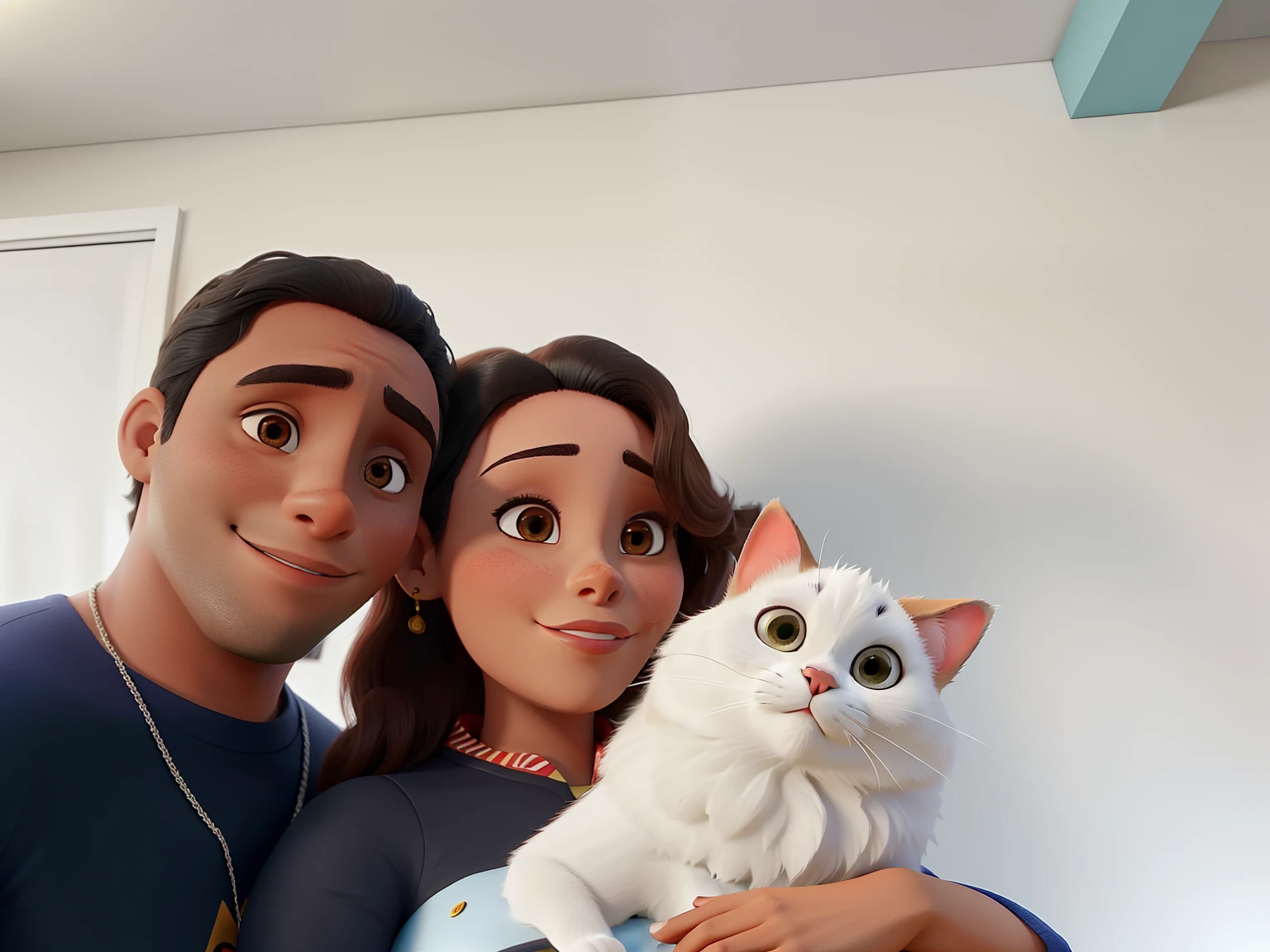 Um casal de um homem de pele morena, com  uma mulher, de pele clara, segurando um gato  no colo