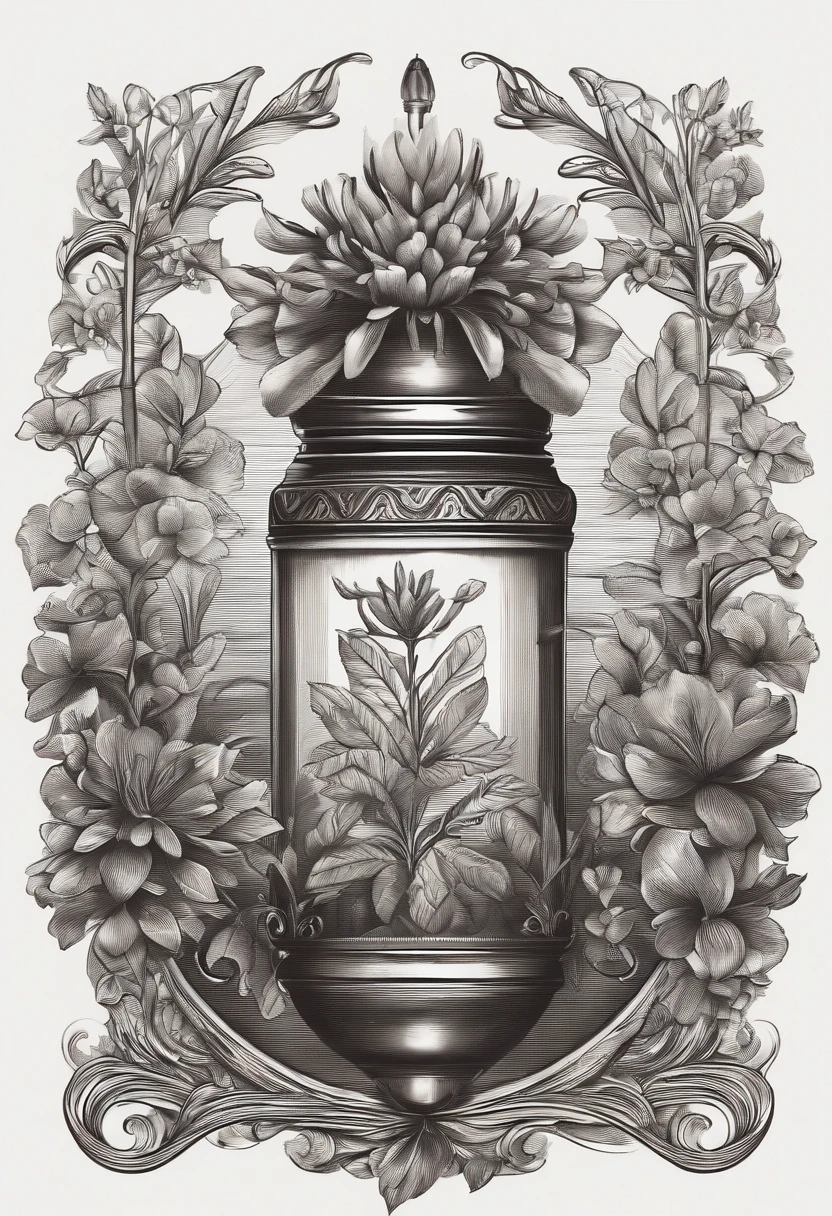 a detailed logo design, ebony plant, perfume, pencil