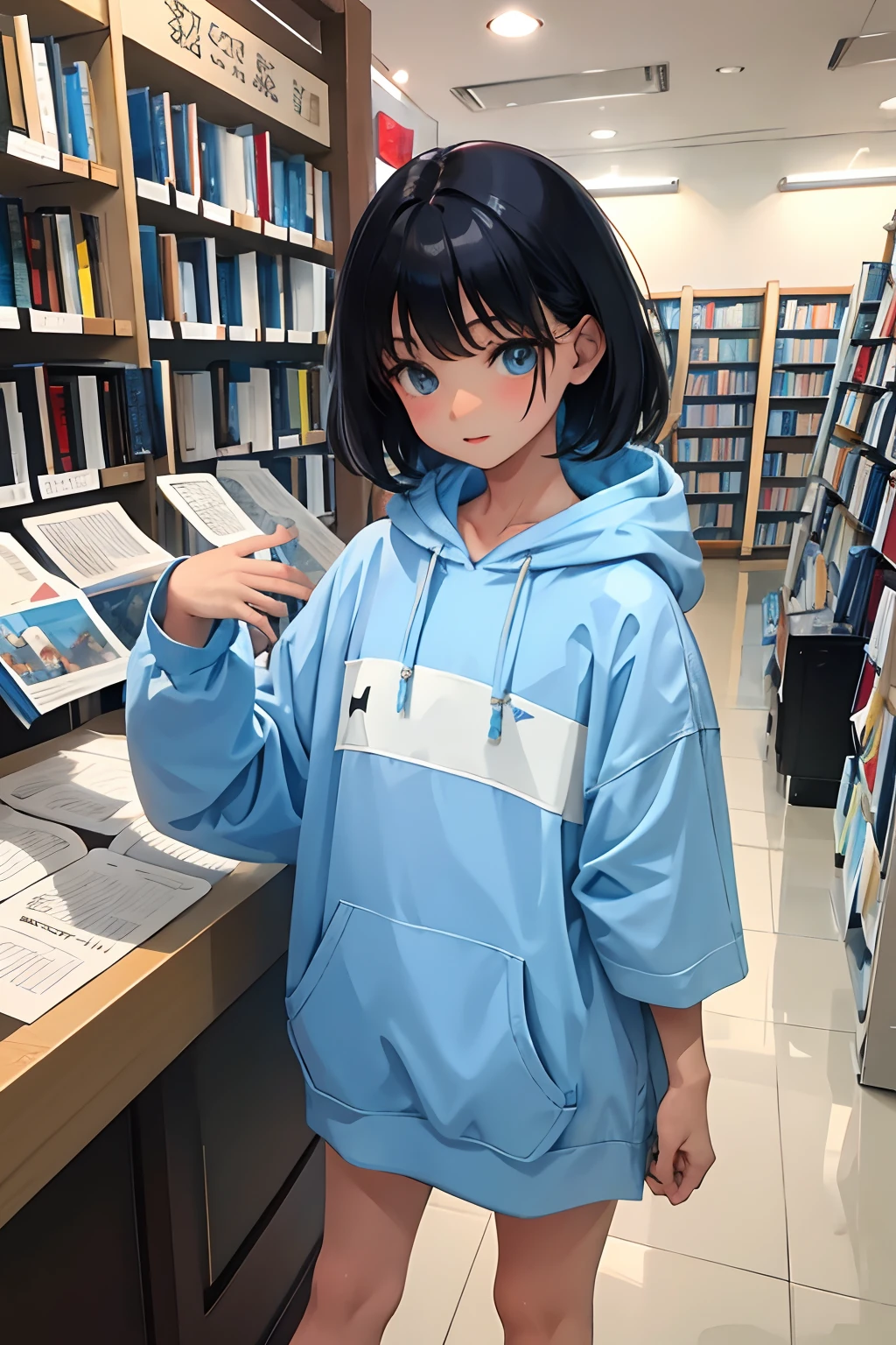 ,(masterpiece,Highest Quality),Light blue hoodie with short sleeves,A dark-haired,bookshops