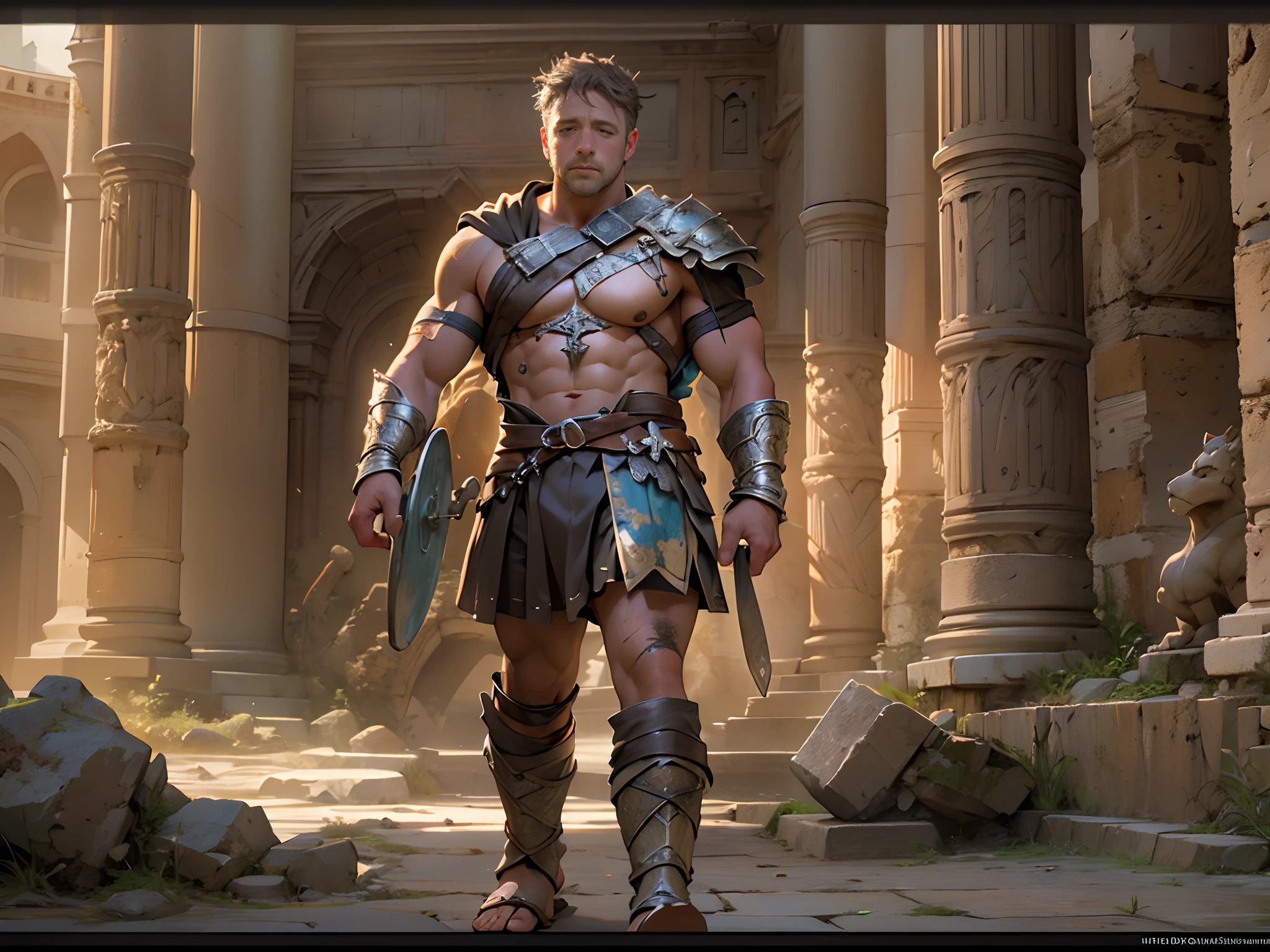 Colosseum, Russell Crowe（Russell Ella Crowe）Played by Maximus（gladiator），Short dark brown hair，Small waves，Fight the lions，wounded,dynamicposes，Meticulous muscle definition, Realistic depiction, 4K quality. Background: Ancient Roman Colosseum,32k ULTRAHD, Best quality, Masterpiece, Super detail, High details，Correct anatomy，Ultra photo realsisim, fearsome, Dark fantasy, epic realistic, Faded, ((com cores neutras)), (hdr:1.5), (pastel colour:1.2), ultra - detailed, (Art Station:1.5), Cinematic, warm lights, Light effect, Dramaticlight, (Intricate details:1.1), the complex background, (greg rutkovsky:0.8),