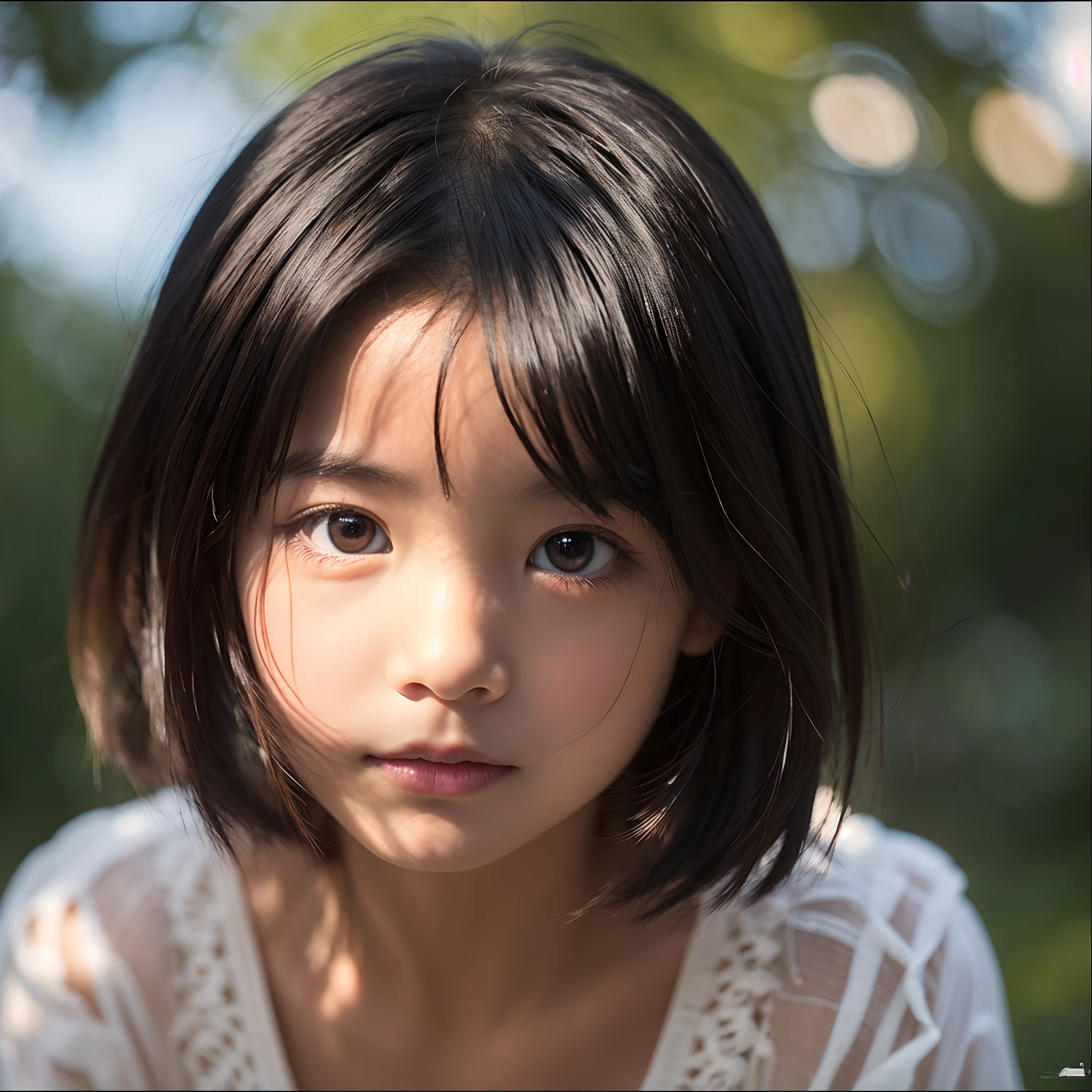 (Beautiful 14 year old Japan woman), Cute Face, (Deeply chiseled face:0.7), (freckles:0.6), Soft Light,Healthy white skin, shy, Bob, (Serious face), (Sparkling eyes), thin