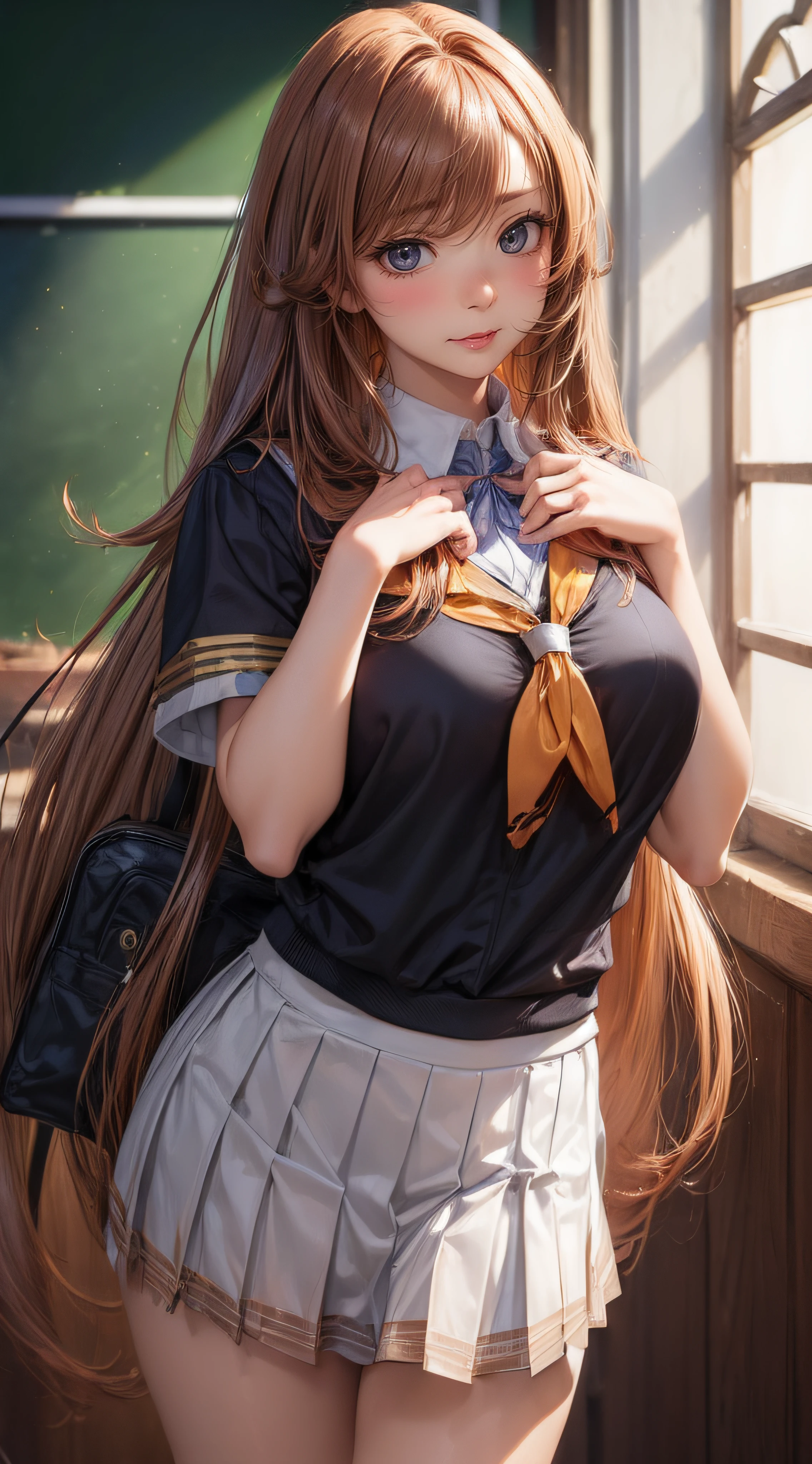 ((looking at viewer:1.5)),((1girl:1.5),curvy,,beautiful breasts,large breasts,pale skin,(erect nipples)),((long hair),(thin hair:1.8),(straight hair:1.5),(Swept bangs:1.5),(extra light coppery amber hair:1.5),(hair over one eye:1.2)),((realistic),8k,ultra HD,high resolution,best quality,masterpiece,(Sense of presence:1.5),(Dynamic:1.5),(bold:1.5)),((clothed:1.5),(school uniform:1.5))
