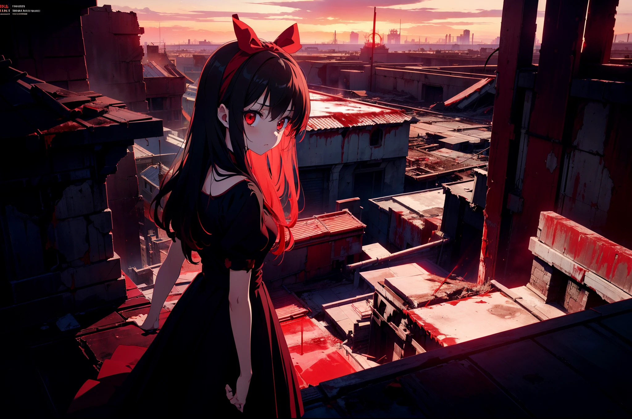 1 girl, (red lighting) ,cinematic angle, (from above:0.7) , (standing on rooftop of tower ), looking back , (devastated world), (destroyed civilization),(blood sea), (rape face) ,black long straight hair, hair ribbon , red eyes,black dress, glowing eyes,((masterpiece)), ((best quality)), ((ultra-detailed)), (illustration), ((an extremely delicate and beautiful))