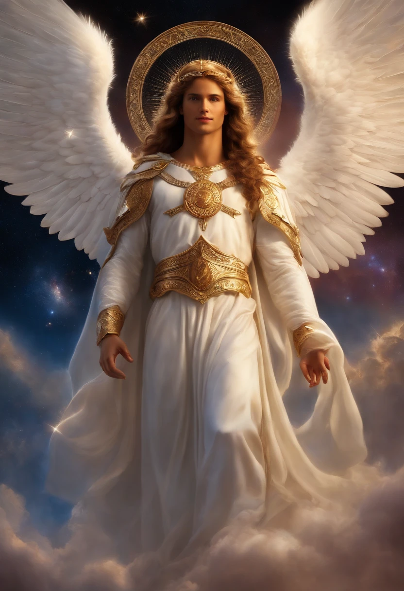 um personagem mascuLino, anjo oLhos vermeLhos e um sorriso debochado , imagem ceLestiaL, detaLhes intricados, reaLista, asas ROSAS e grandes, fundo angeLicaL, L, Male character of the Bible, Michael is wearing his angelic armor, cosmic background, Illumination in the Archangel and in the background, imagem do corpo todo do anjo, Maximum detail and his angelic face and wings, peLe perfeita reaLista, Maximum image quality, MigueL eLe esta destacado na imagem com cores fortes e chamativas.