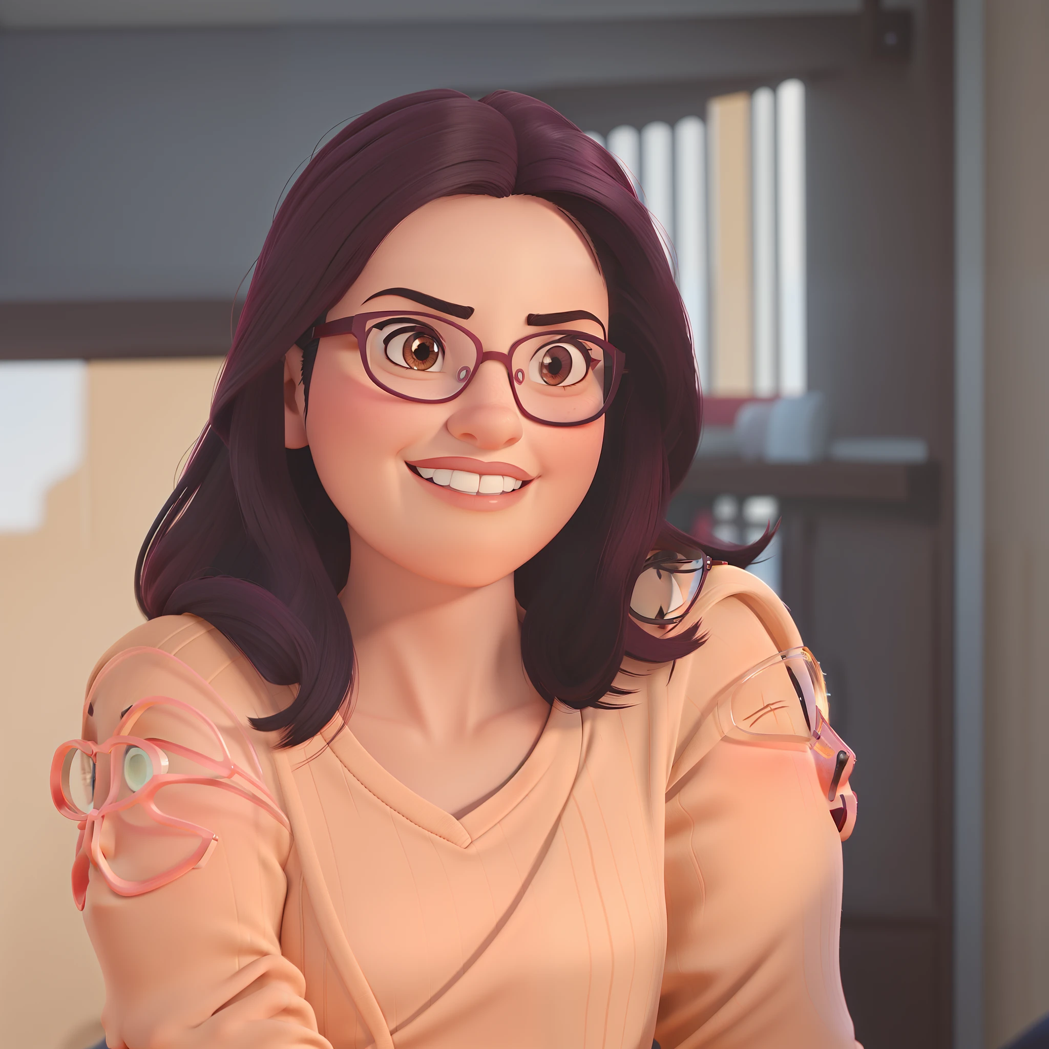 Uma mulher estilo pixar, olhos cinza, burgundy glasses, cabelo preto, alta qualidade, melhor qualidade