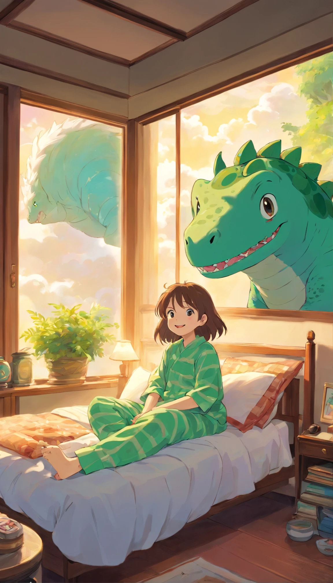 heal,Reject EMO,Very happy,Very happy,Face life with a smile,rays of sunshine,long whitr hair,Little green dinosaur pajamas,Lovely cloud pillows