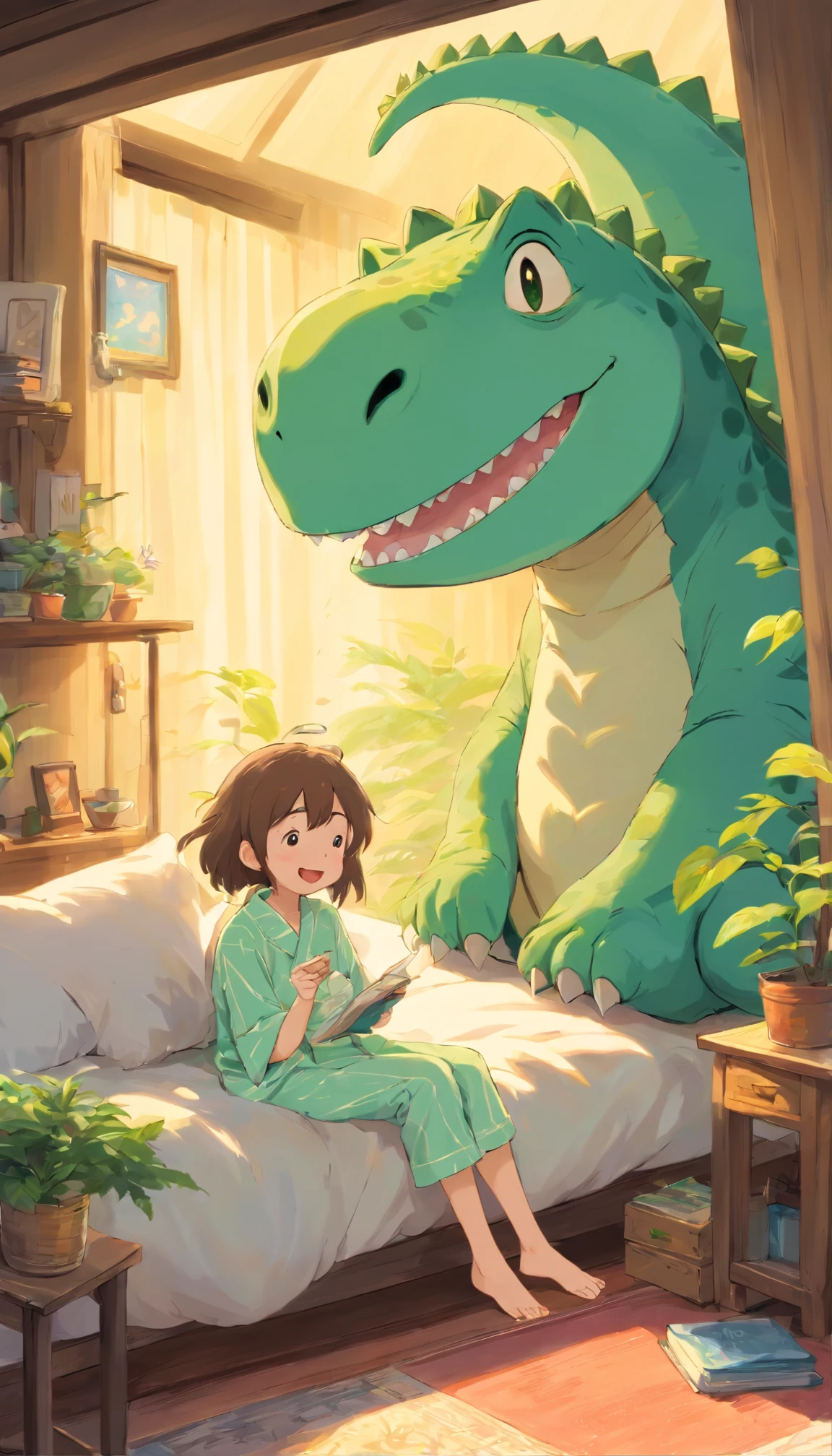 heal,Reject EMO,Very happy,Very happy,Face life with a smile,rays of sunshine,long whitr hair,Little green dinosaur pajamas,Lovely cloud pillows