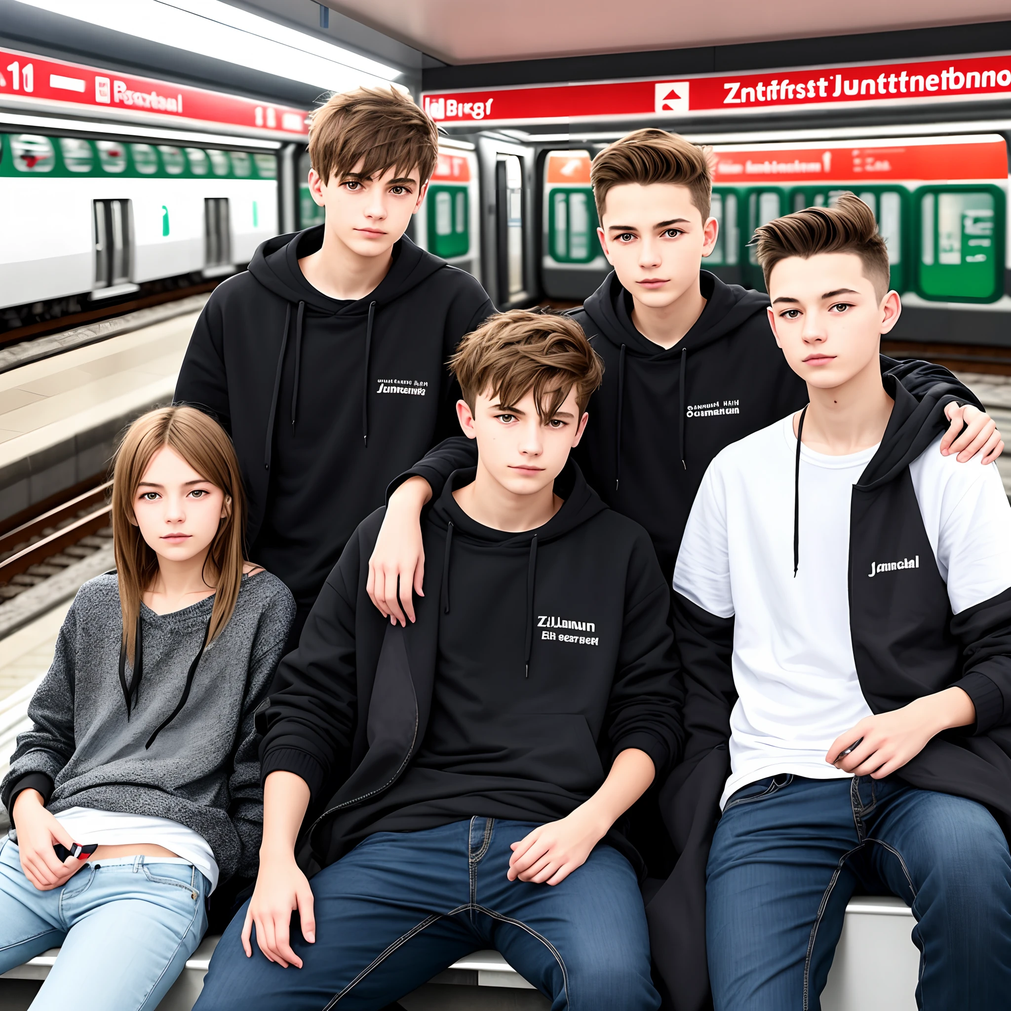 Erstelle mir ein bild wo zwei Teenager jungs mit Baggy klamotten und schwarze haare haben und einen Mittelscheitel tragen und sie auf einer Bank sitzen in einer U-Bahn Station