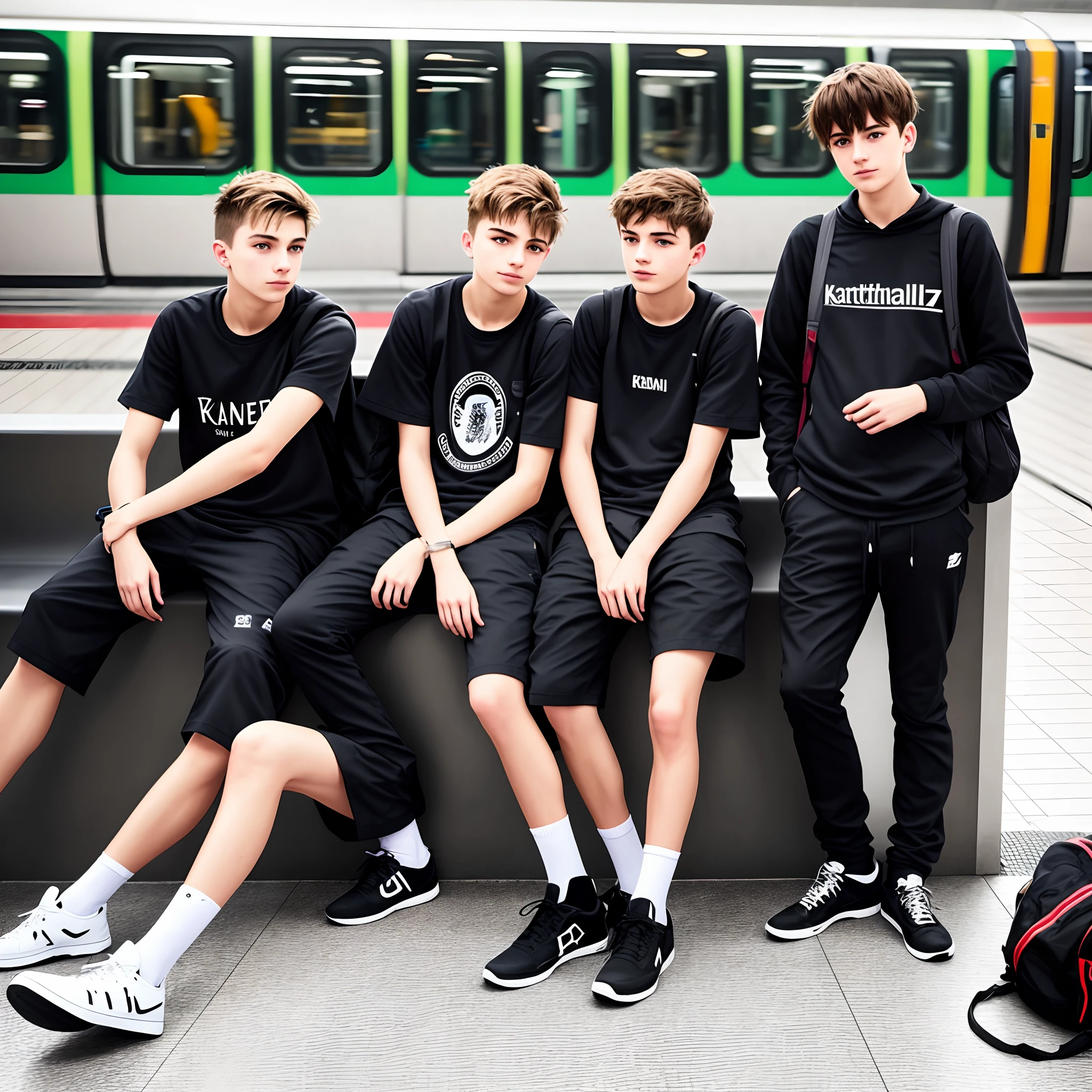 Erstelle mir ein bild wo zwei Teenager jungs mit Baggy klamotten und schwarze haare haben und einen Mittelscheitel tragen und sie auf einer Bank sitzen in einer U-Bahn Station